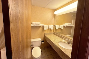 Combined shower/tub, eco-friendly toiletries, hair dryer, towels