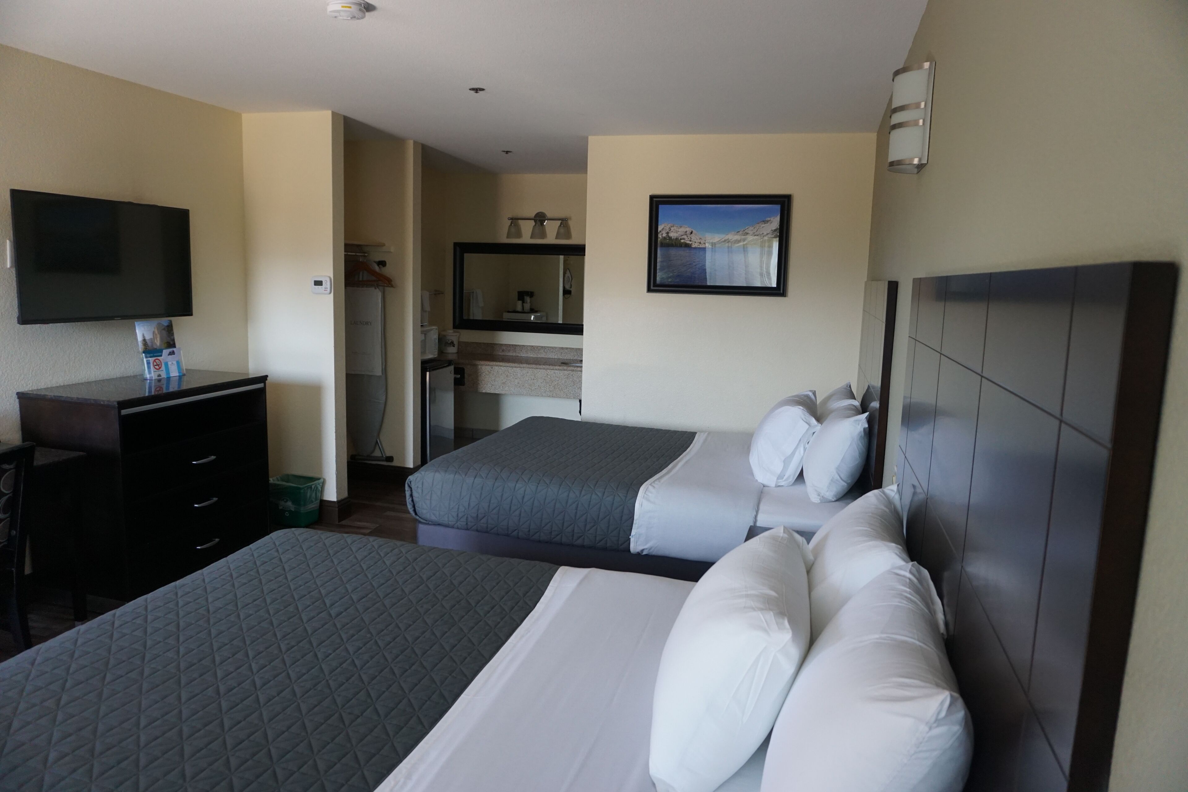 Une chambre d’hôtel avec deux lits, une télévision, un tableau et une kitchenette.