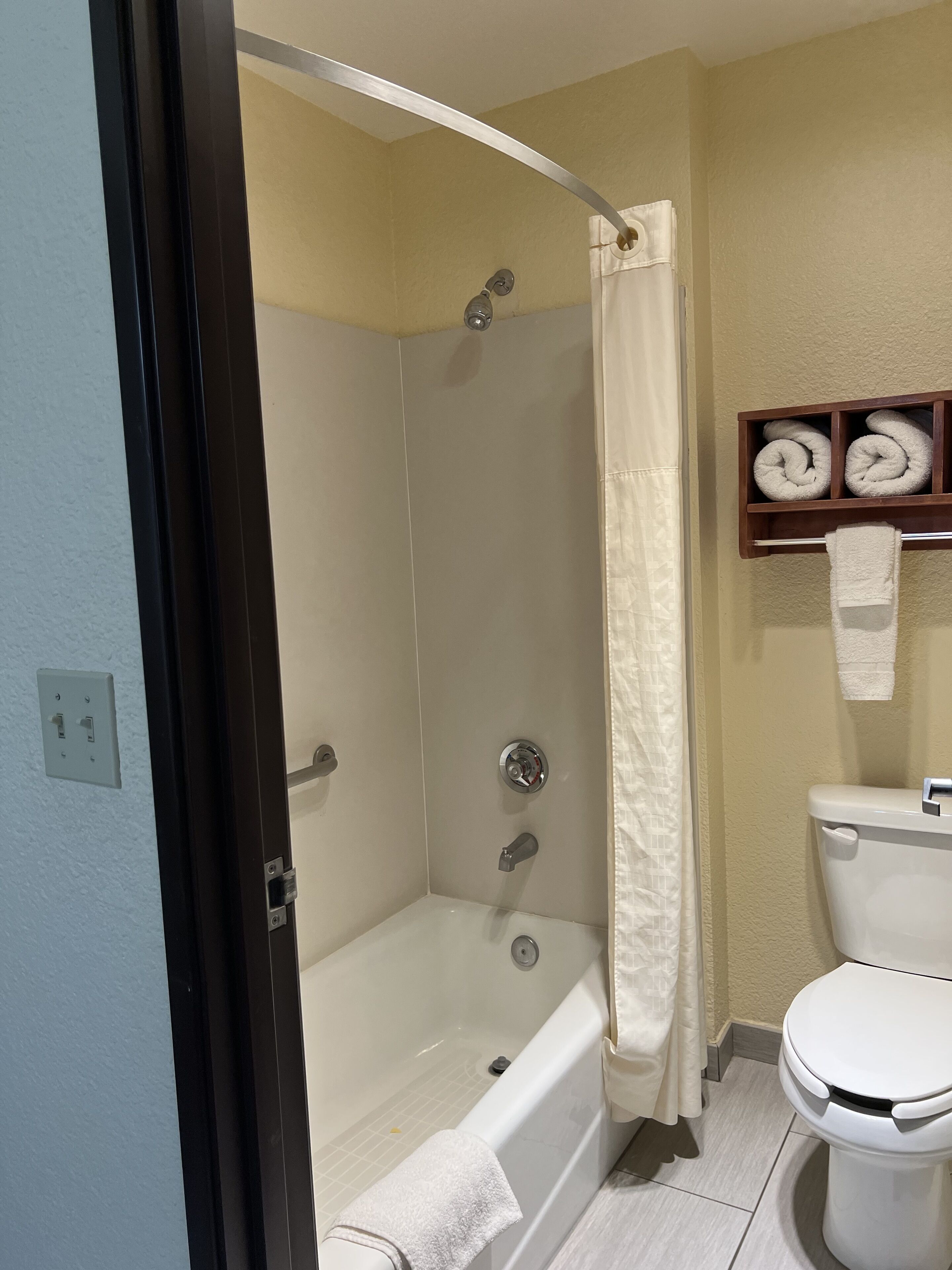 Combined shower/bathtub, free toiletries, hair dryer, towels