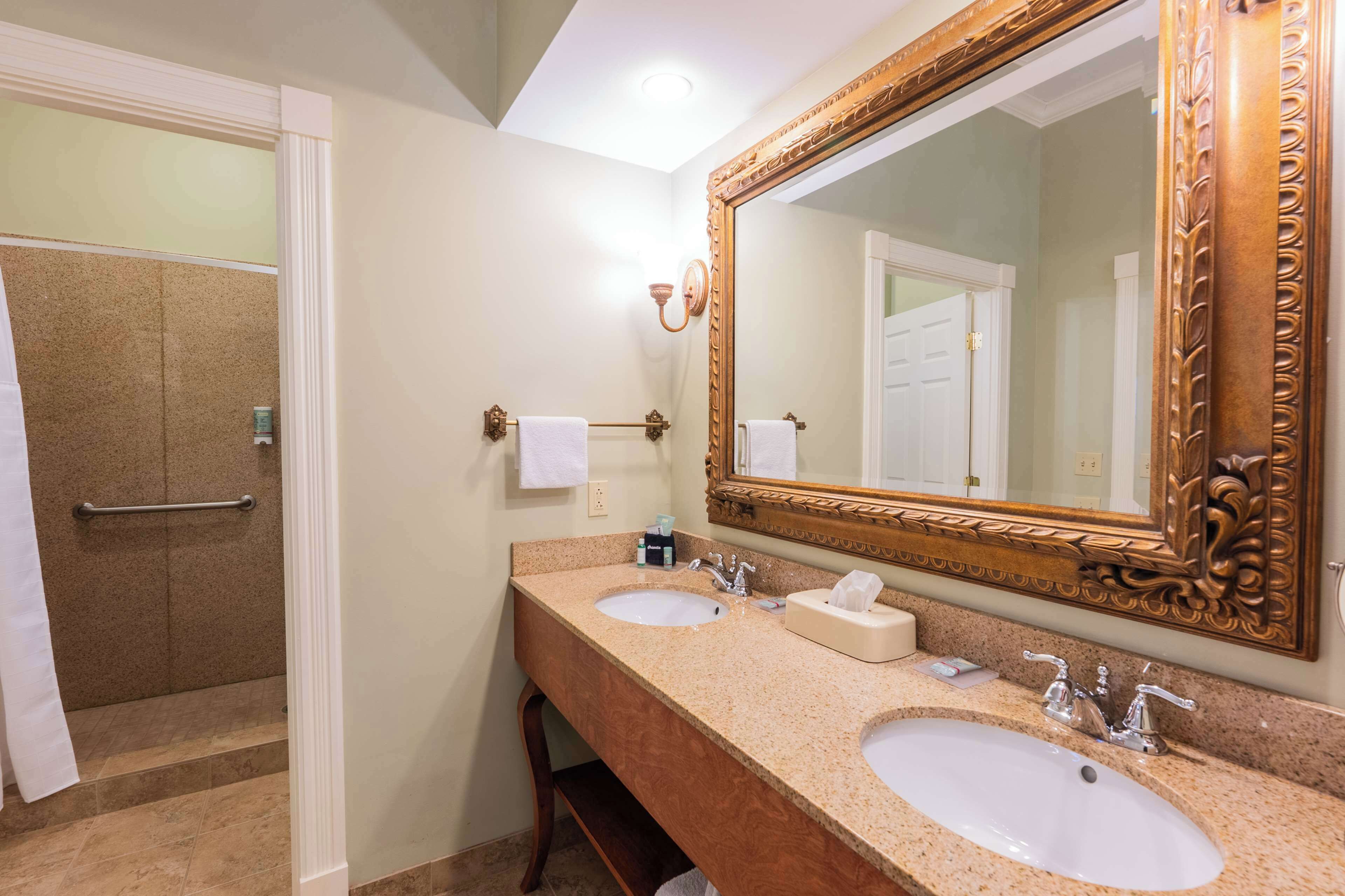A bathroom with two sinks, a large mirror, and a shower area.
