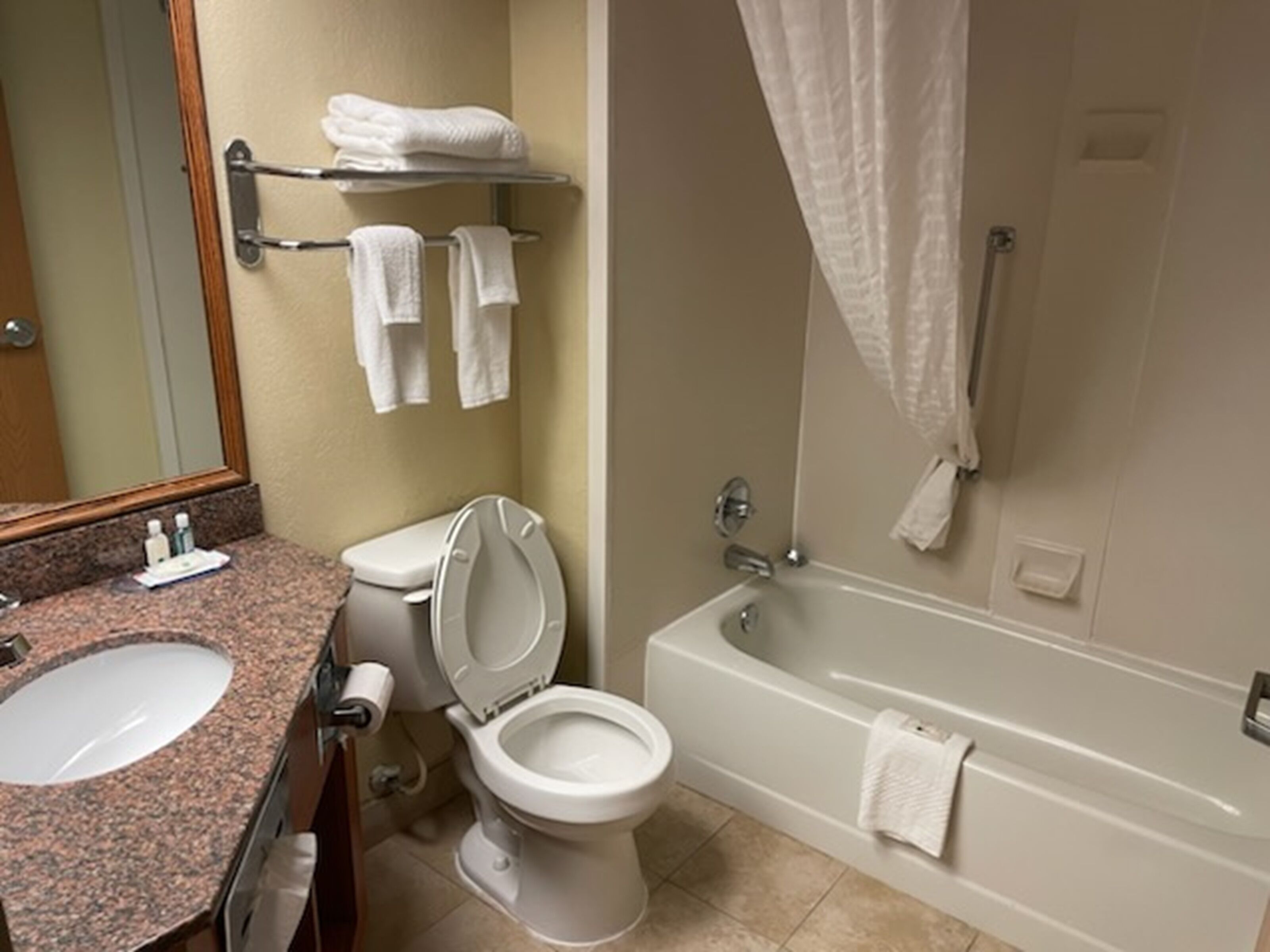 Combined shower/bathtub, free toiletries, hair dryer, towels
