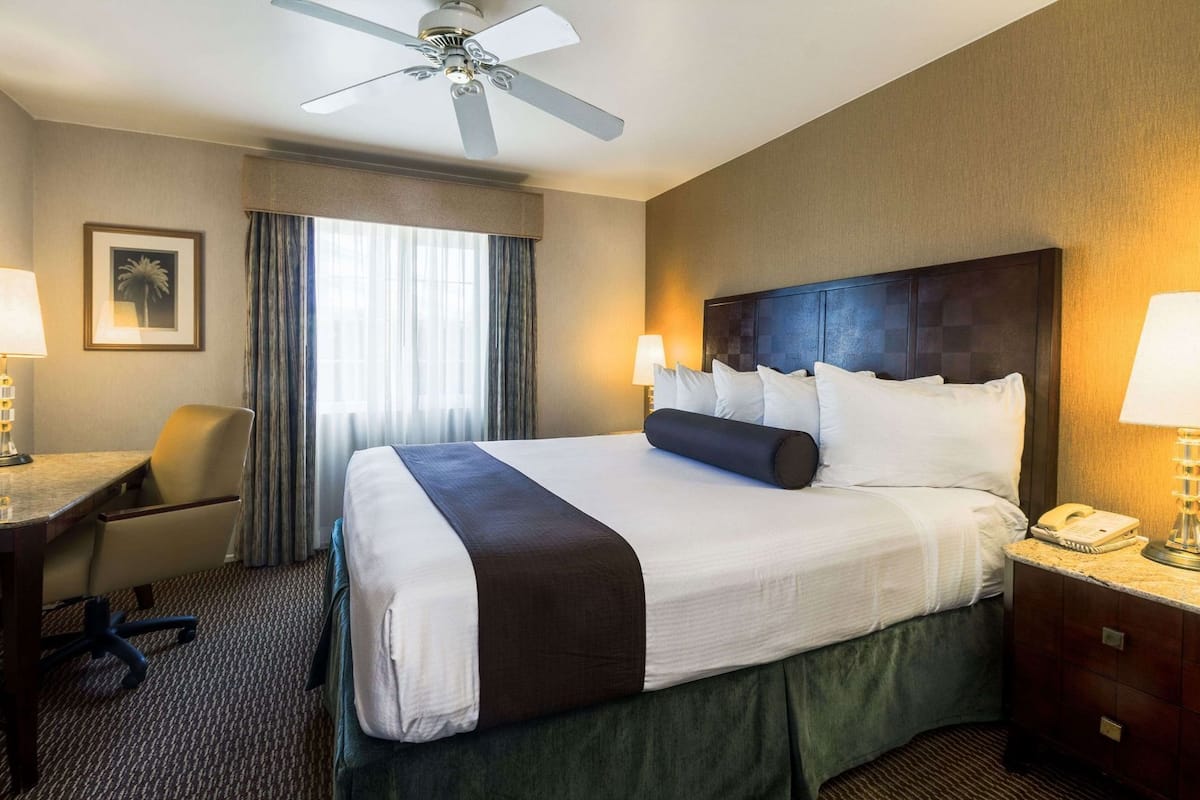 Ein Hotelzimmer mit Bett, Schreibtisch, Stuhl und Deckenventilator.