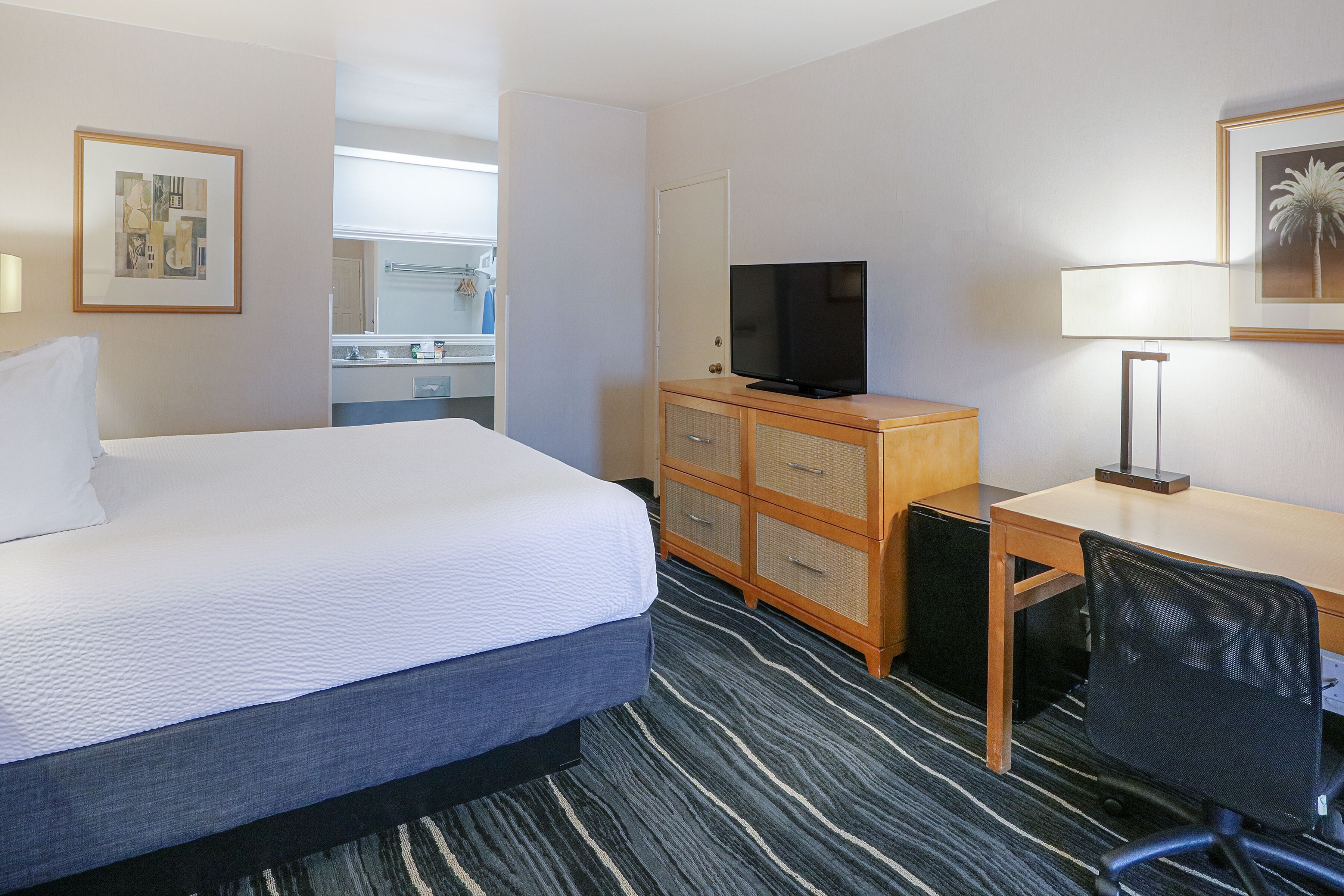 Una habitación de hotel con una cama, un escritorio, un televisor, una lámpara y un espejo.