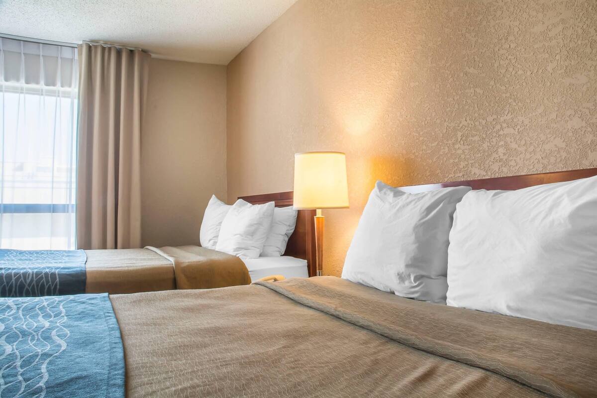 A hotel room with two beds, a lamp, and a window with curtains.