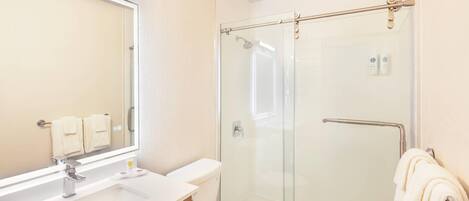 A modern bathroom with a glass-enclosed shower, a sink with a mirror, and a toilet.