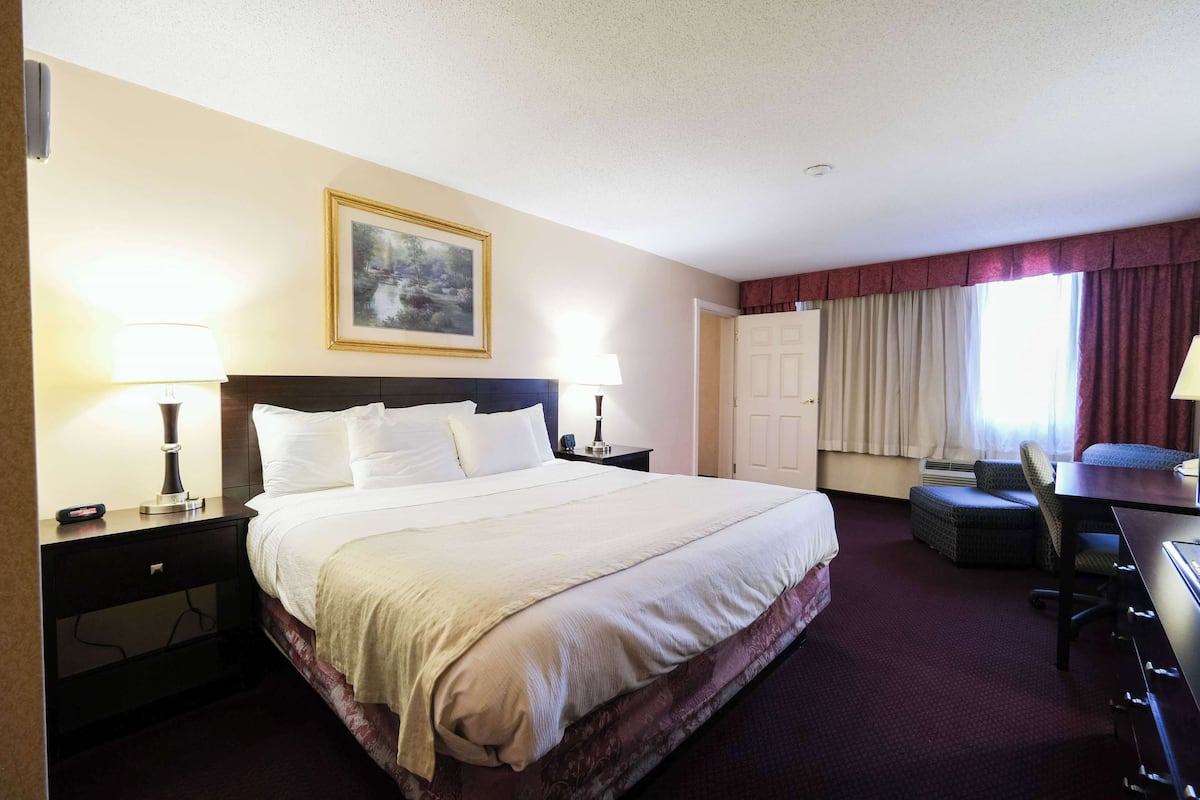 Quarto de hotel com uma cama grande, duas mesas de cabeceira com luminárias, uma escrivaninha com cadeira, uma janela com cortinas e um quadro na parede.