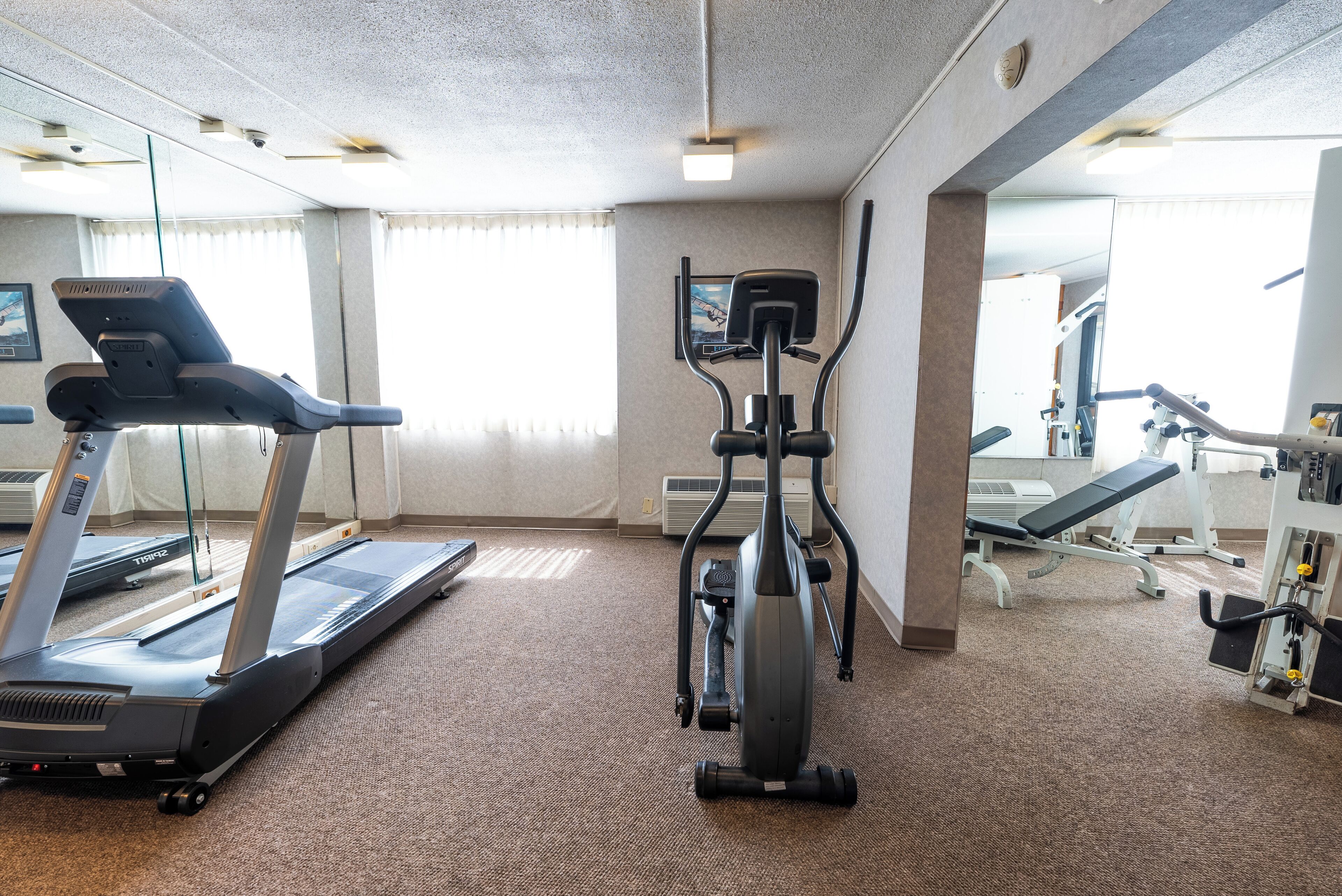 A gym with a treadmill, elliptical, and weight machines.