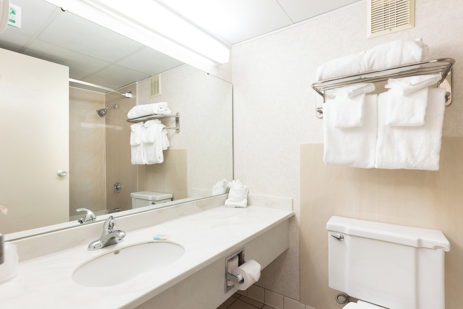 A hotel bathroom with a sink, mirror, towel rack, and toilet.