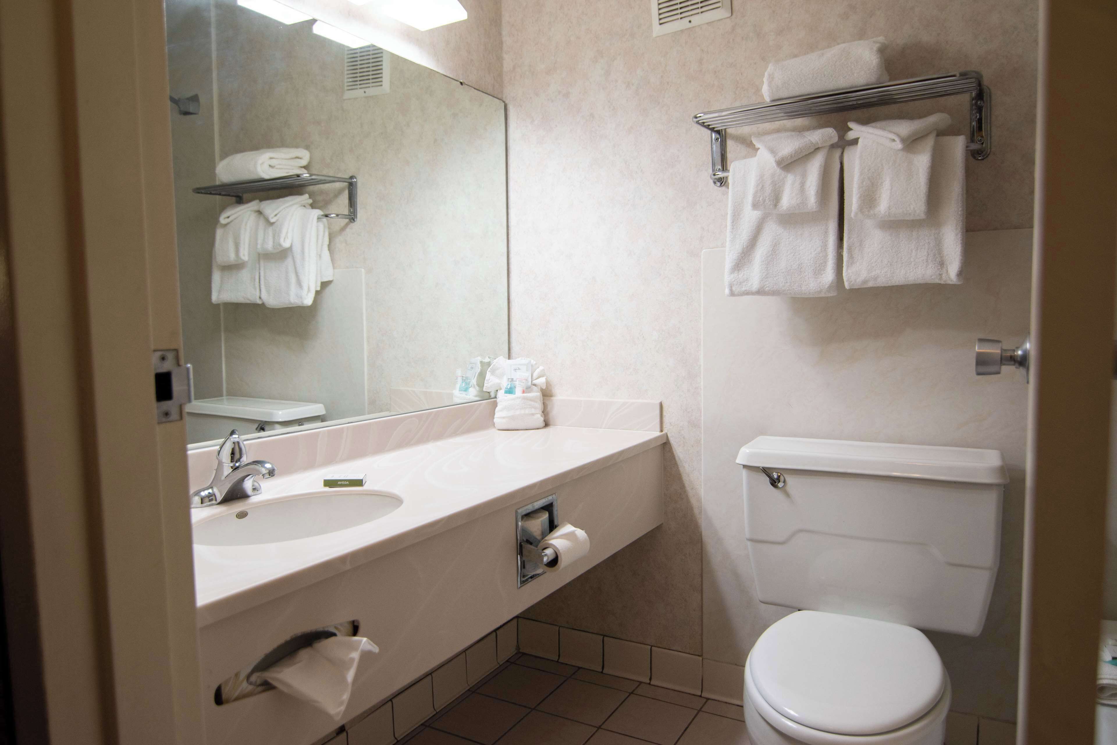 Een badkamer met een wastafel, spiegel, handdoekhouder en toilet.