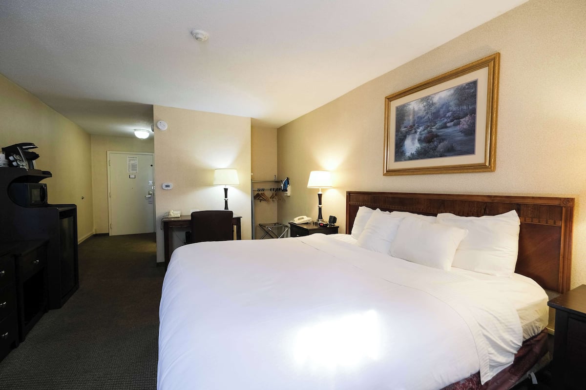 Quarto de hotel com uma cama grande, uma escrivaninha com abajur, uma cadeira e um quadro na parede.