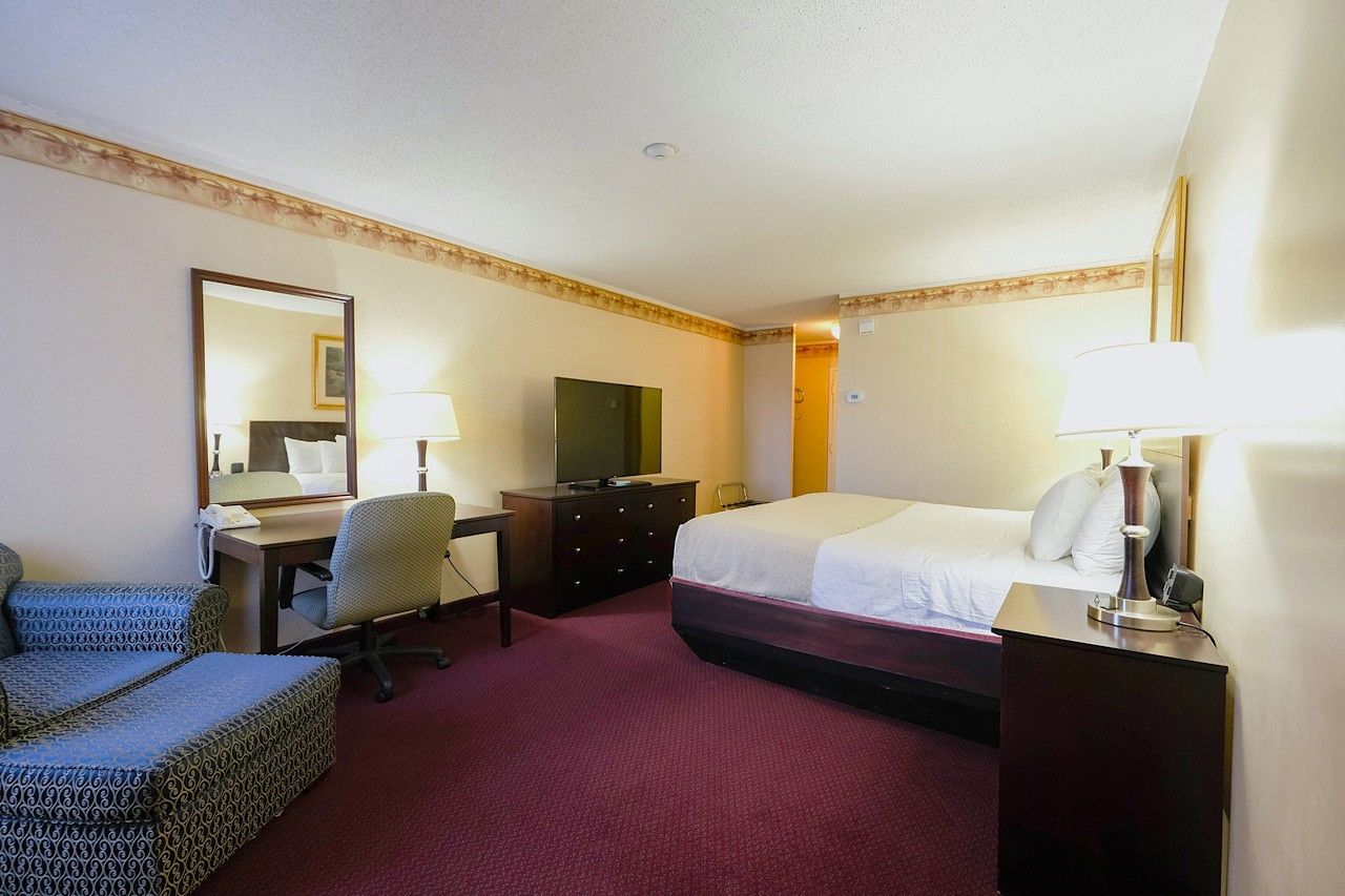Ein Hotelzimmer mit Bett, Schreibtisch, Stuhl, Fernseher, Kommode und Lampen.