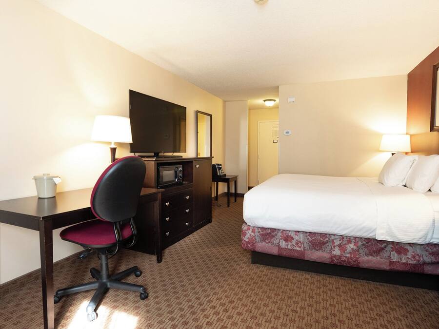 A hotel room with a bed, desk, chair, television, and a microwave.
