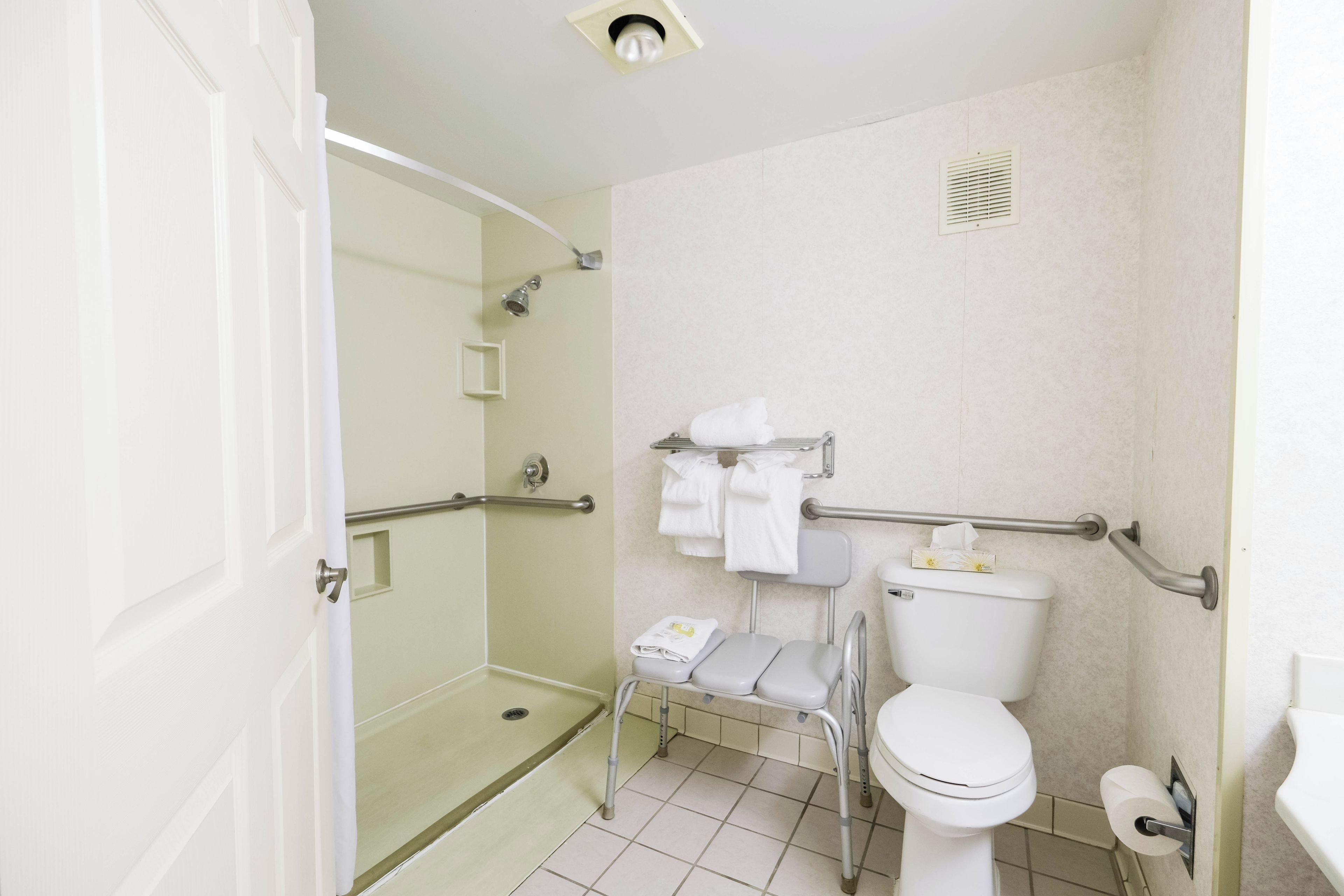 Une salle de bain équipée d’une douche, de toilettes et de barres d’appui.