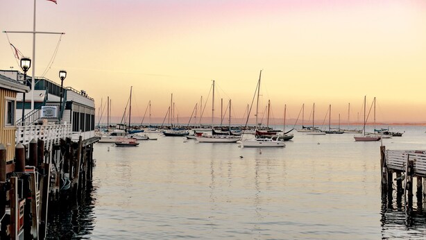 A marina with multiple sailboats docked at wooden piers.