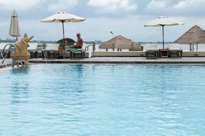 Outdoor pool, pool umbrellas, pool loungers