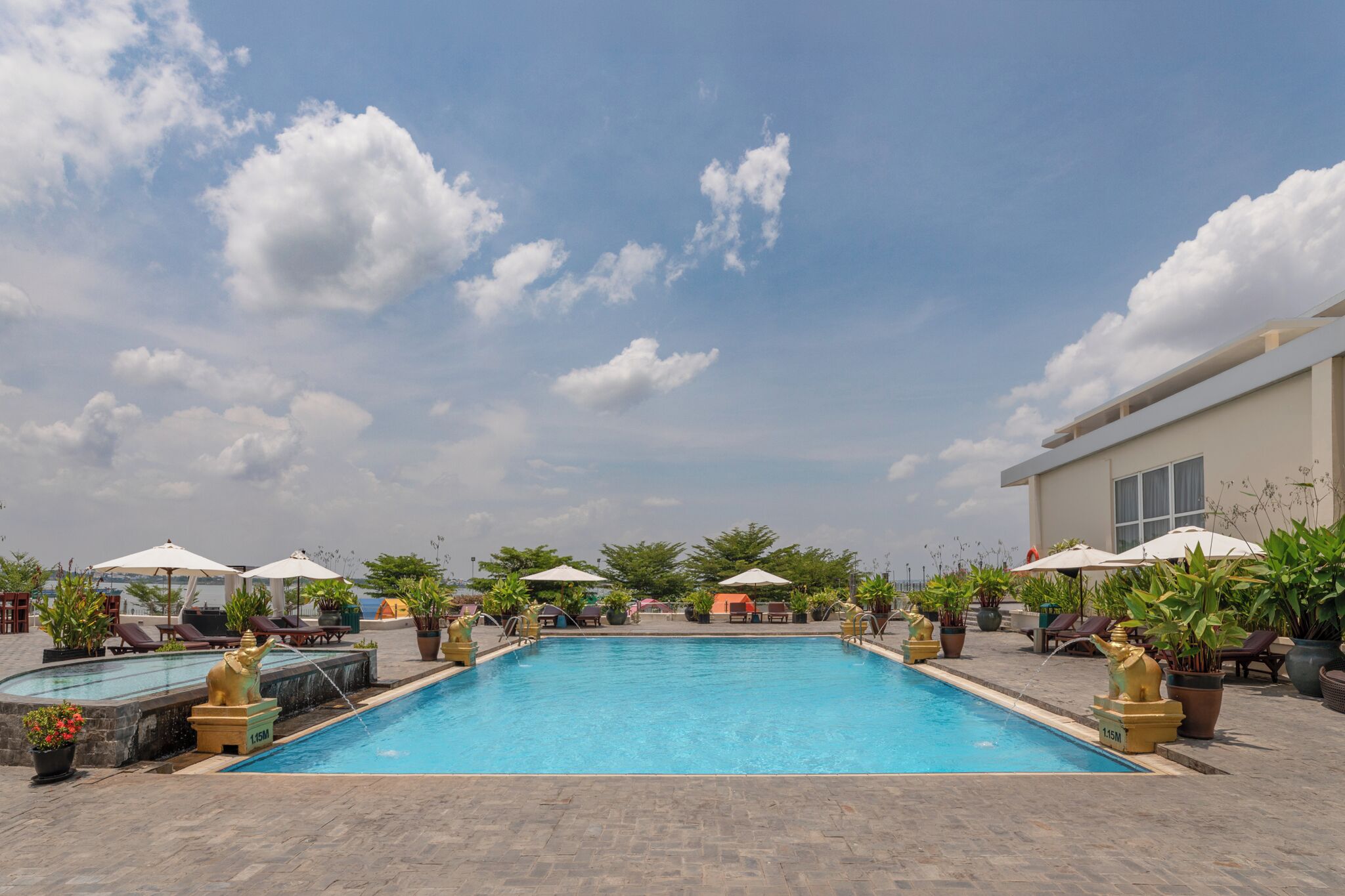 Outdoor pool, pool umbrellas, sun loungers
