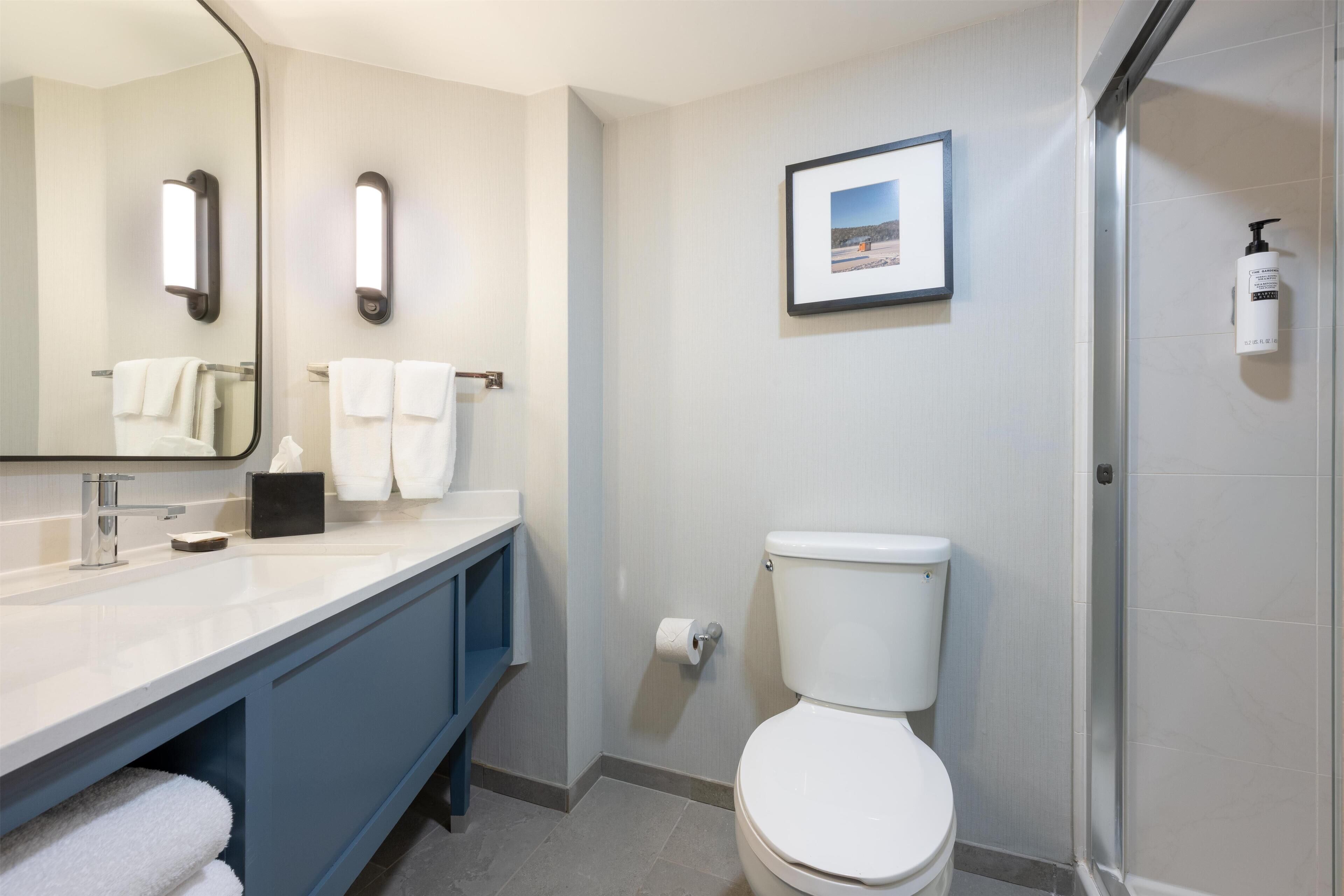 A modern bathroom with a white sink, blue vanity, a toilet, a framed picture on the wall, and a shower area.