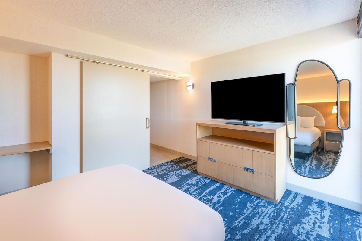 Una habitación de hotel con cama, televisión, espejo y armario.
