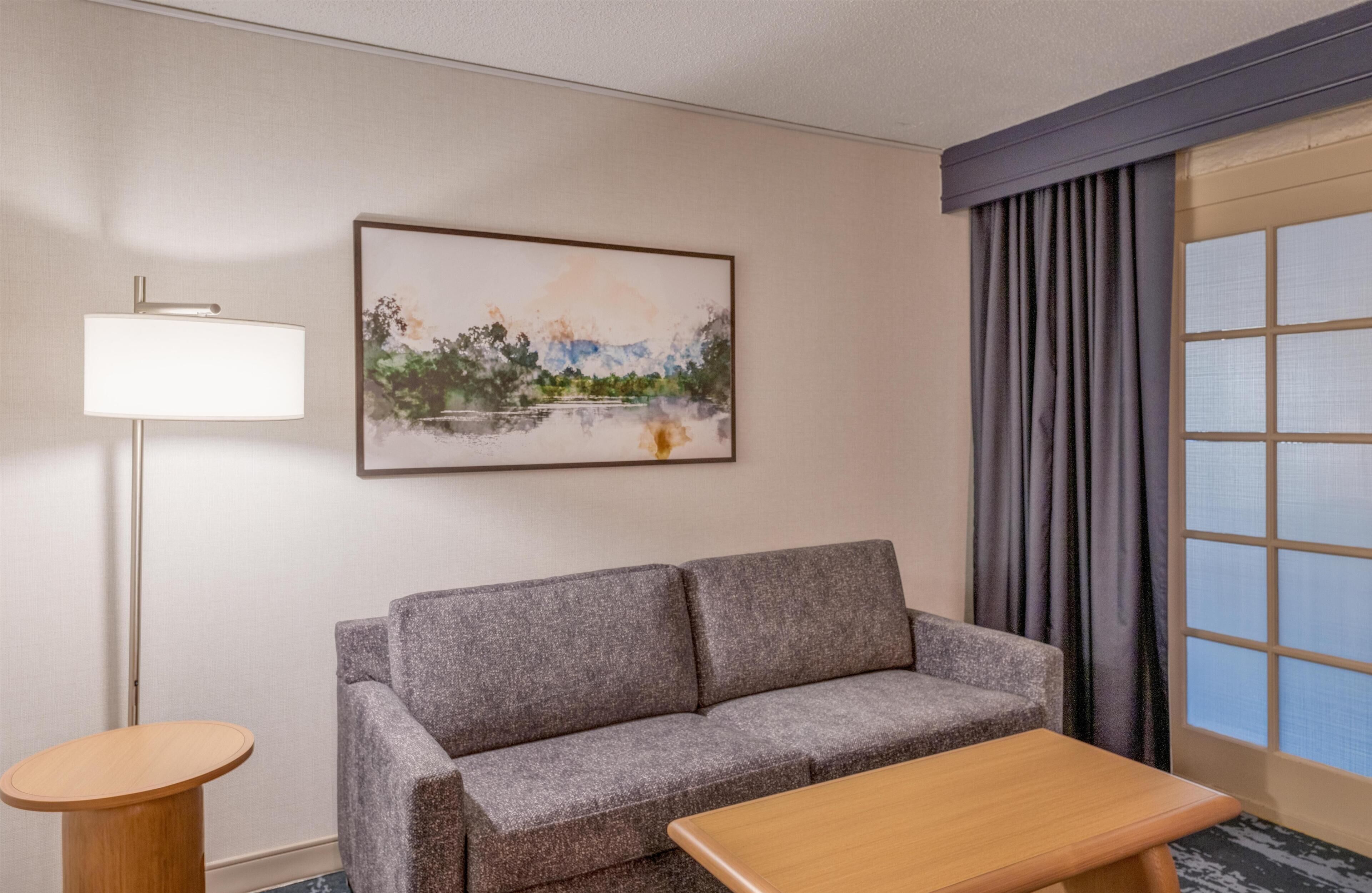 Habitación de hotel con sofá gris, una mesa de madera, una lámpara de pie, un cuadro de un paisaje y una ventana con cortinas.
