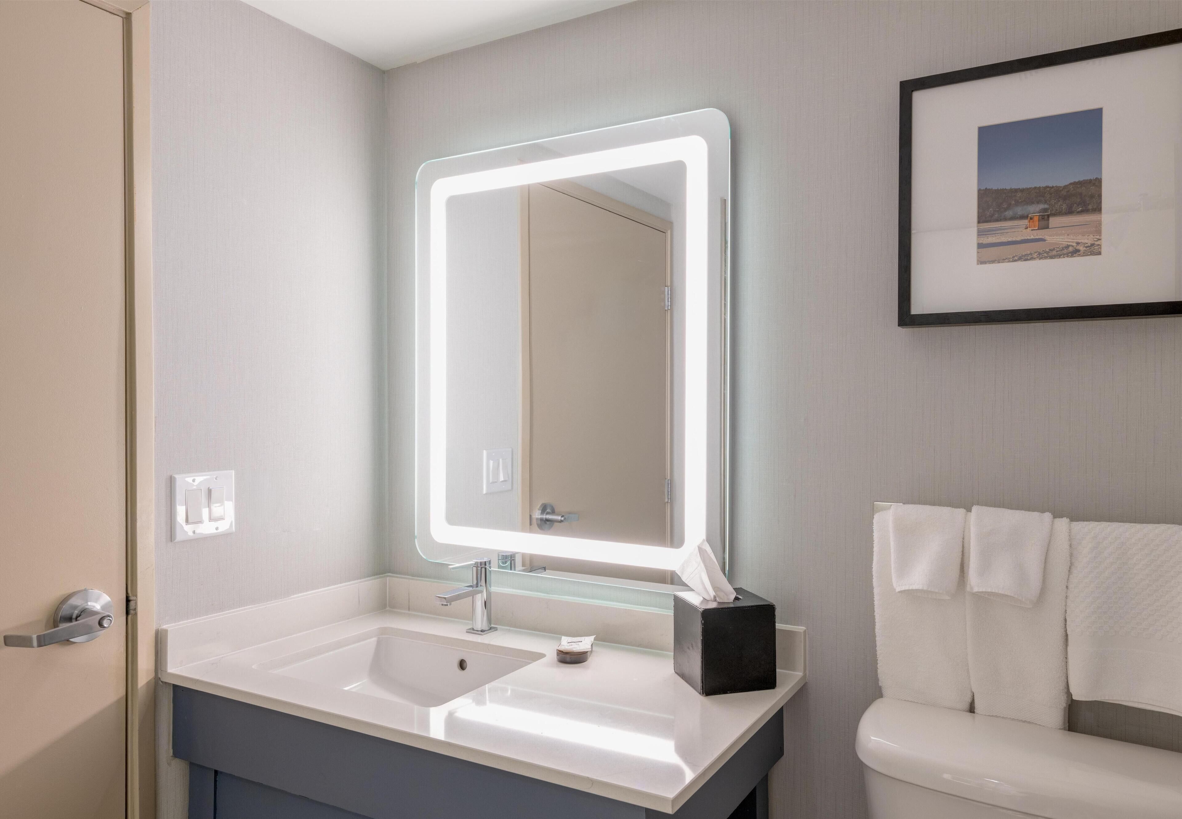 A bathroom with a large mirror, two sinks, a toilet, and a framed picture on the wall.