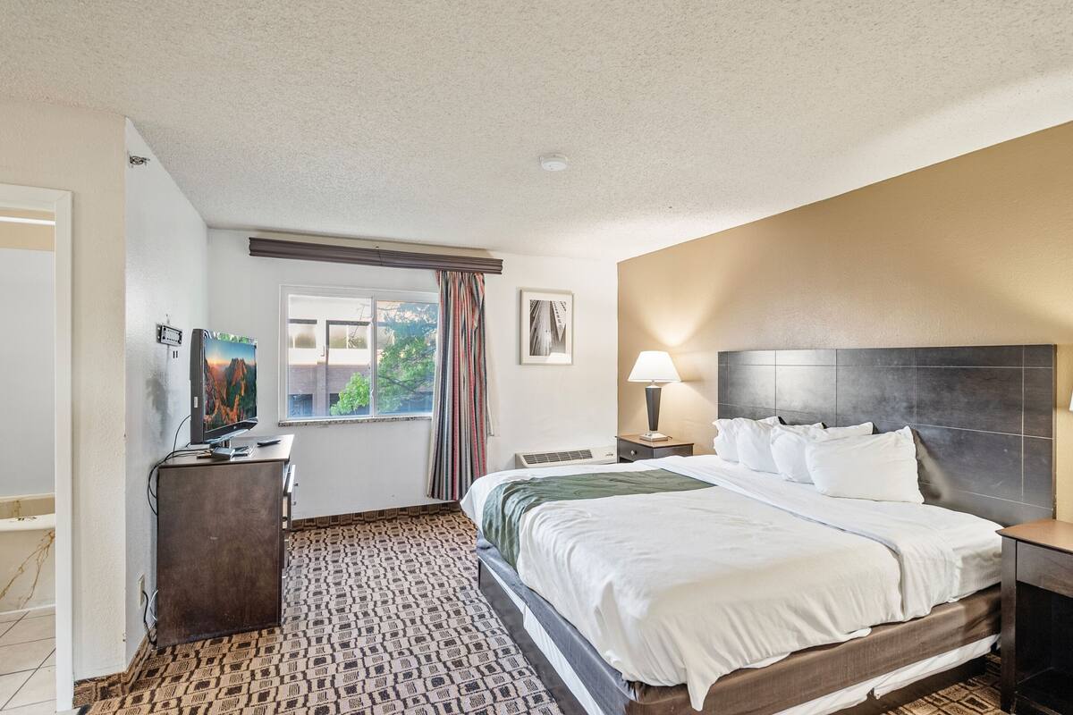 Una habitación de hotel con cama, escritorio, televisión y ventana con cortinas.