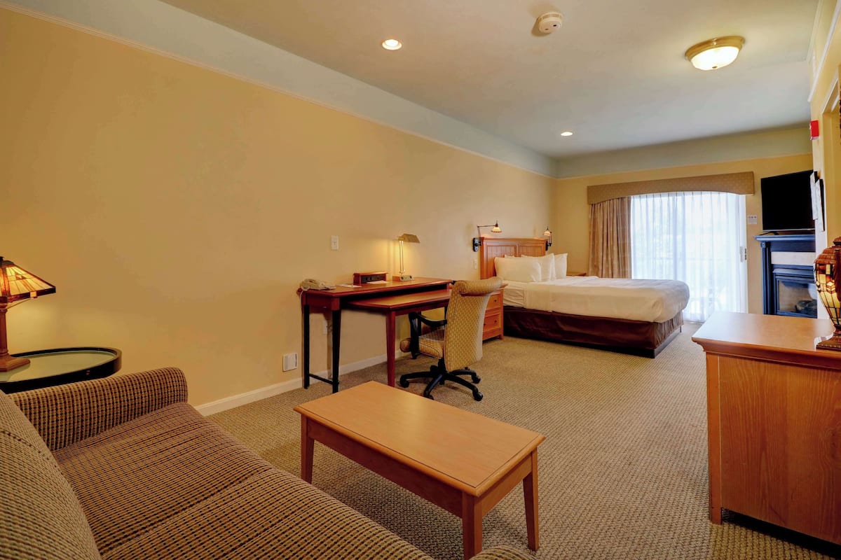 A hotel room with a bed, a desk, a chair, a sofa, and a small table.