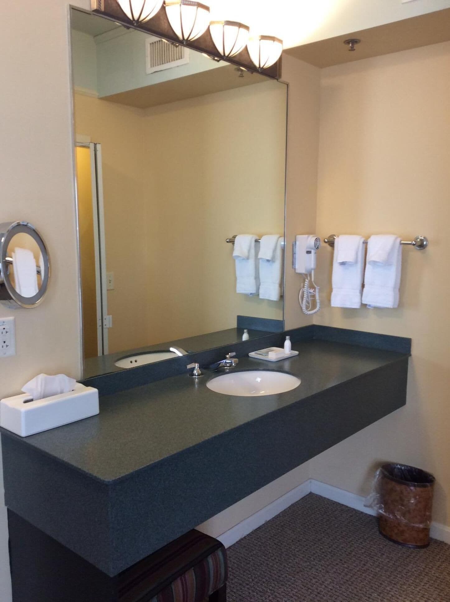 A bathroom with a large mirror, a sink, a towel rack, and a trash can.
