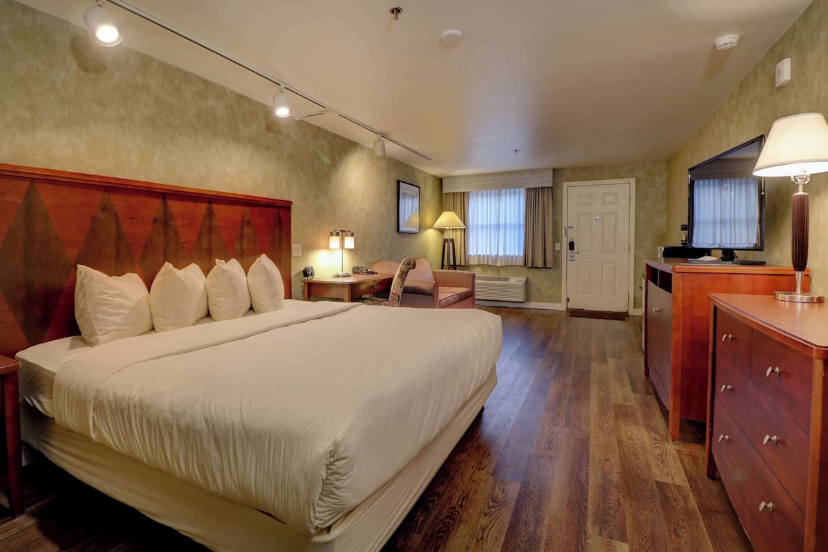A hotel room with a large bed, a desk with a lamp, a chair, a television, and a dresser.
