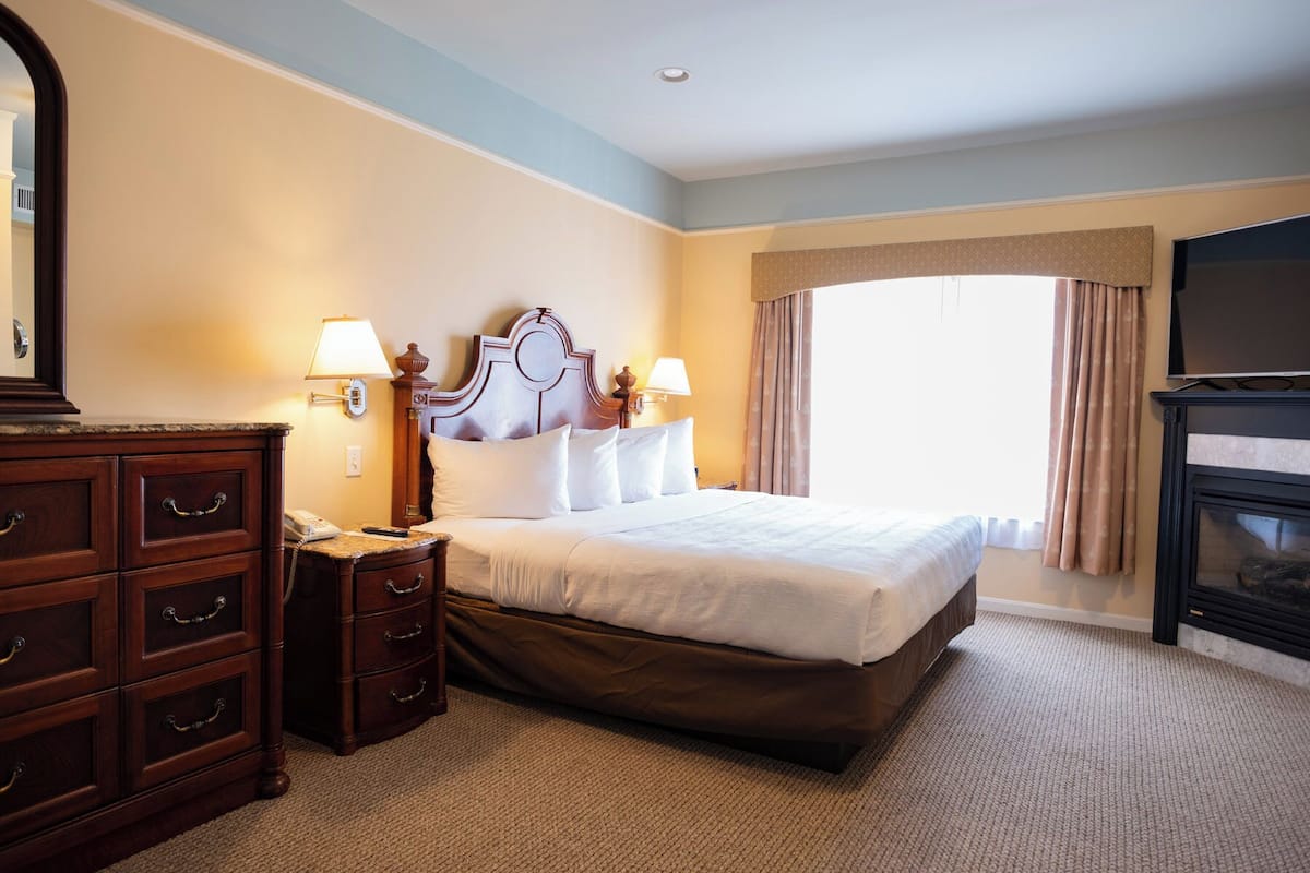 A hotel room with a bed, a dresser, a mirror, a lamp, a television, and a window with curtains.
