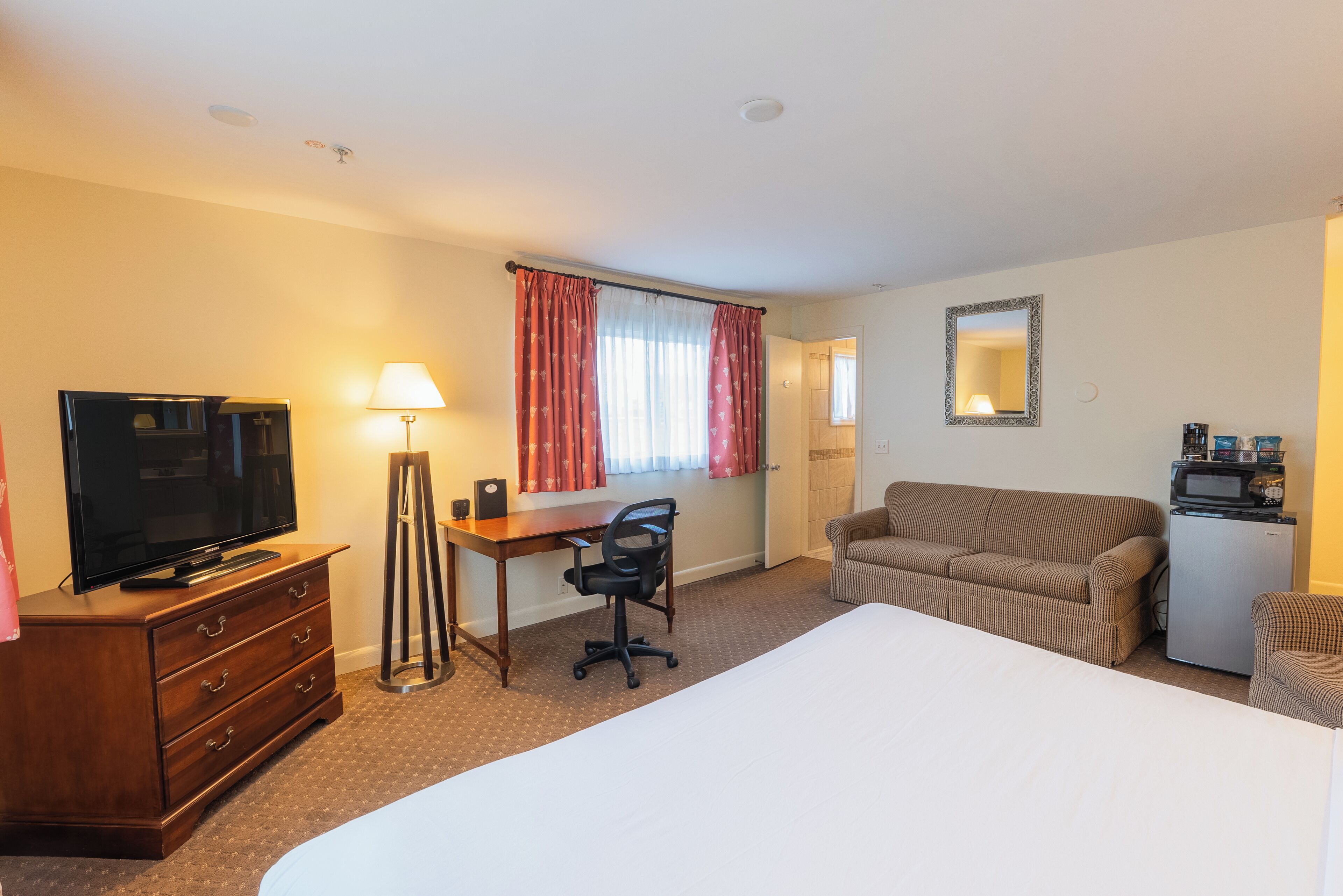 A hotel room with a bed, a desk, a television, a lamp, a sofa, and a microwave.
