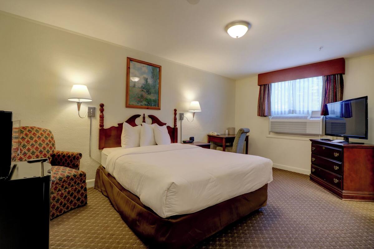 1 bedroom, hypo-allergenic bedding, desk, laptop workspace