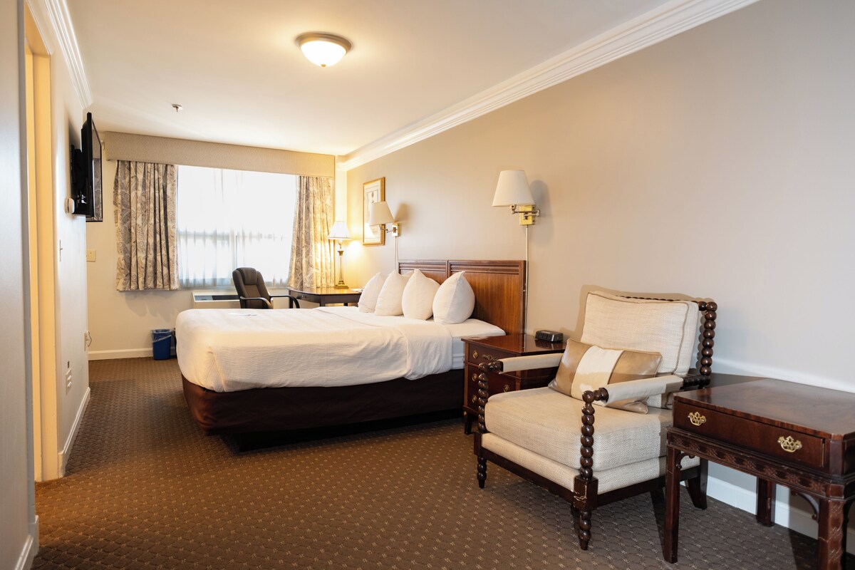 Une chambre d’hôtel avec un grand lit, une chaise, un bureau et un téléviseur fixé au mur.