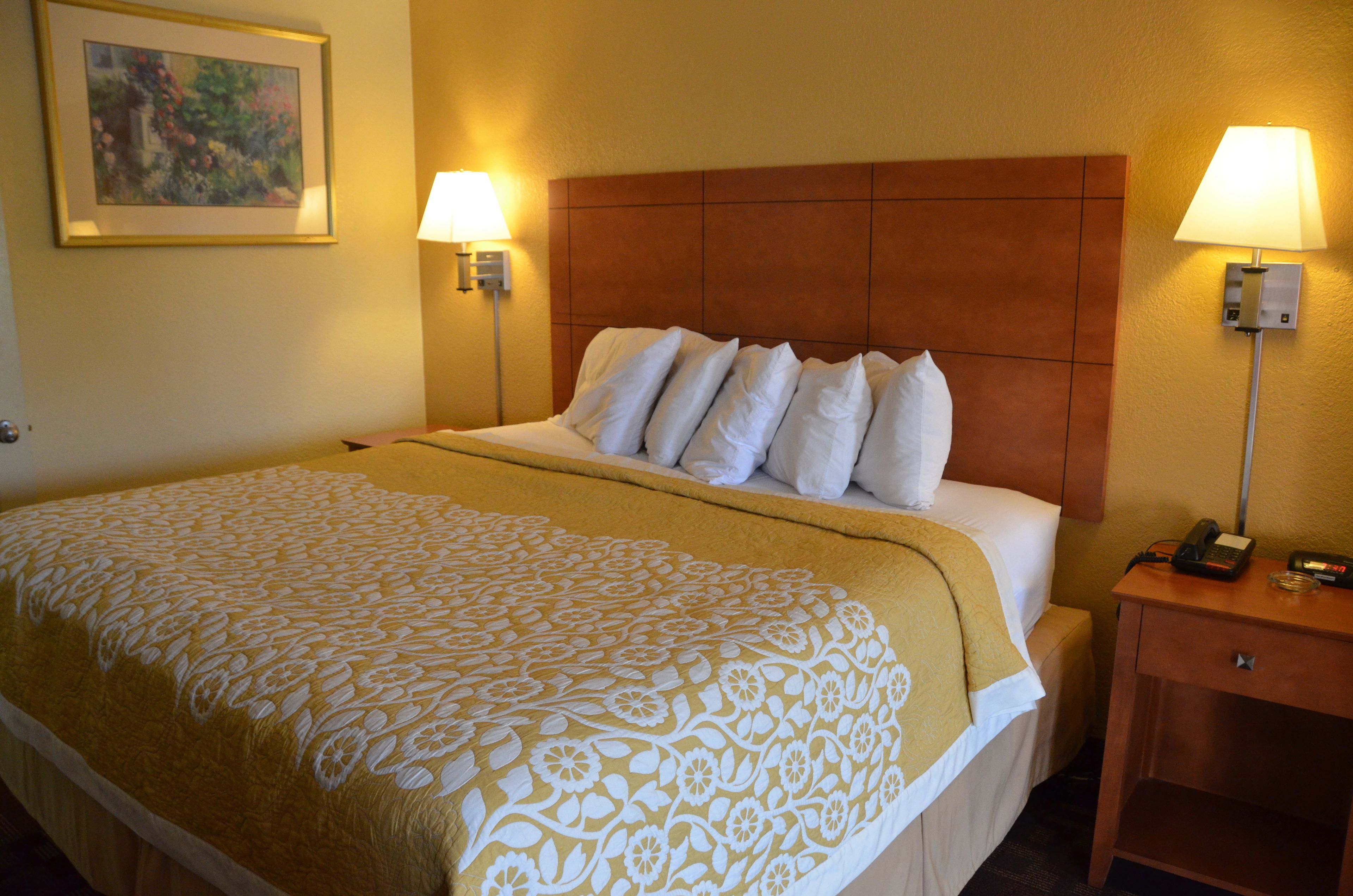 A hotel room with a large bed, two bedside lamps, a nightstand with a phone, and a framed picture on the wall.