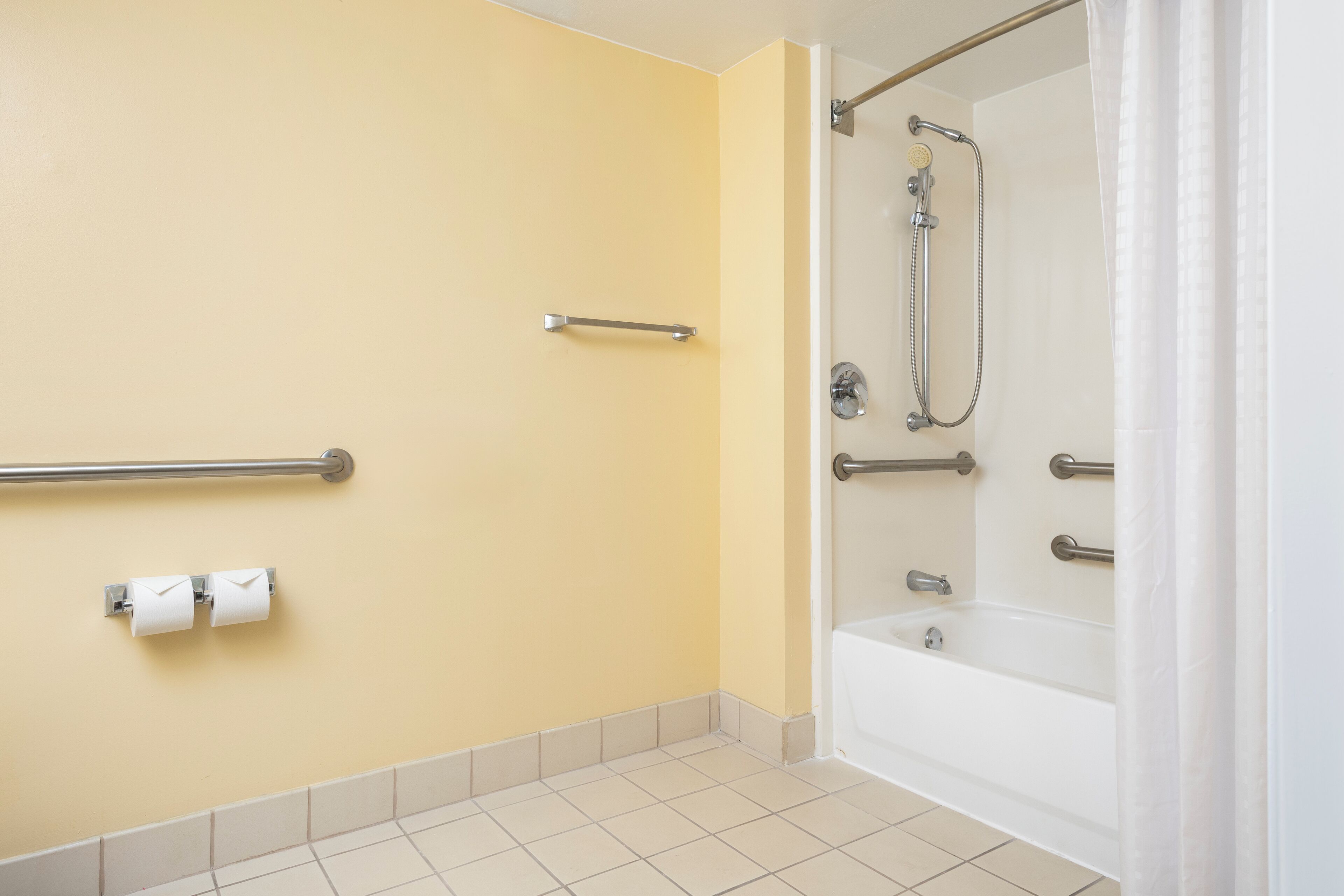 A bathroom with a bathtub, a shower, and a toilet with a handrail.