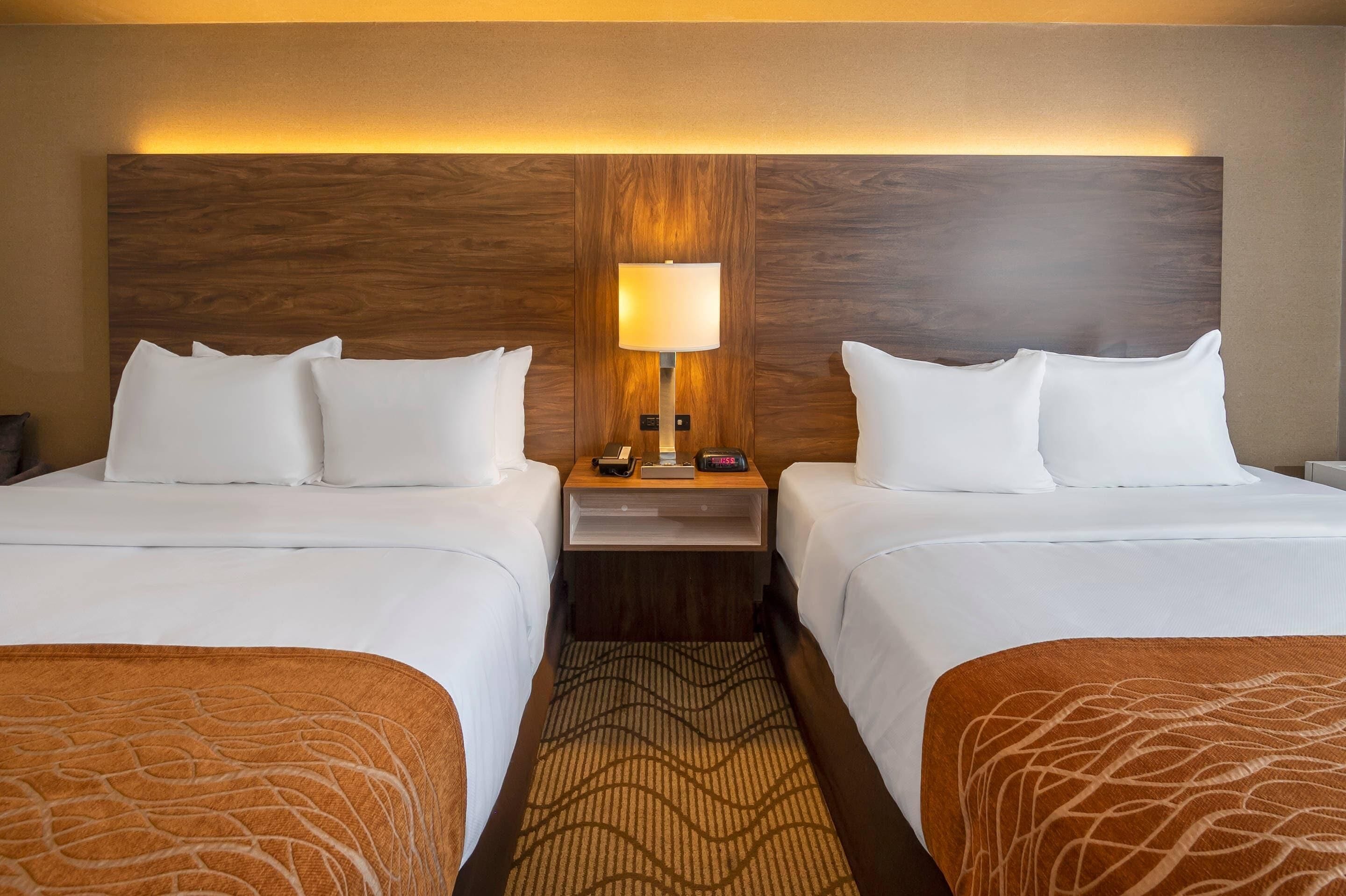 A hotel room with two beds, a nightstand with a lamp, and a patterned rug.
