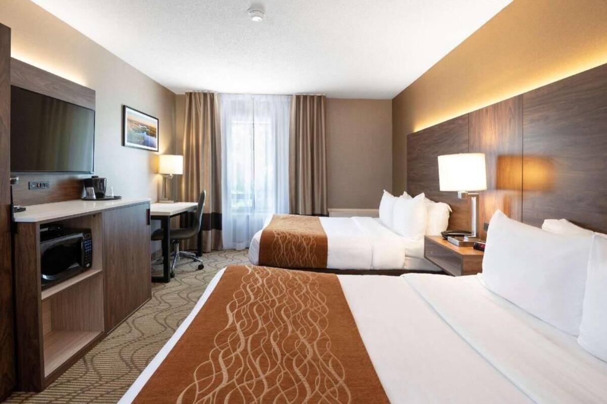 A hotel room with a bed, a desk with a chair, a television, and a microwave.