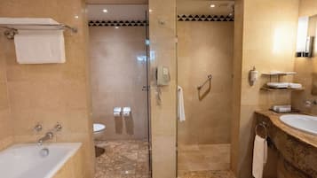 A bathroom with a bathtub, a glass-enclosed shower, a toilet, and a sink.