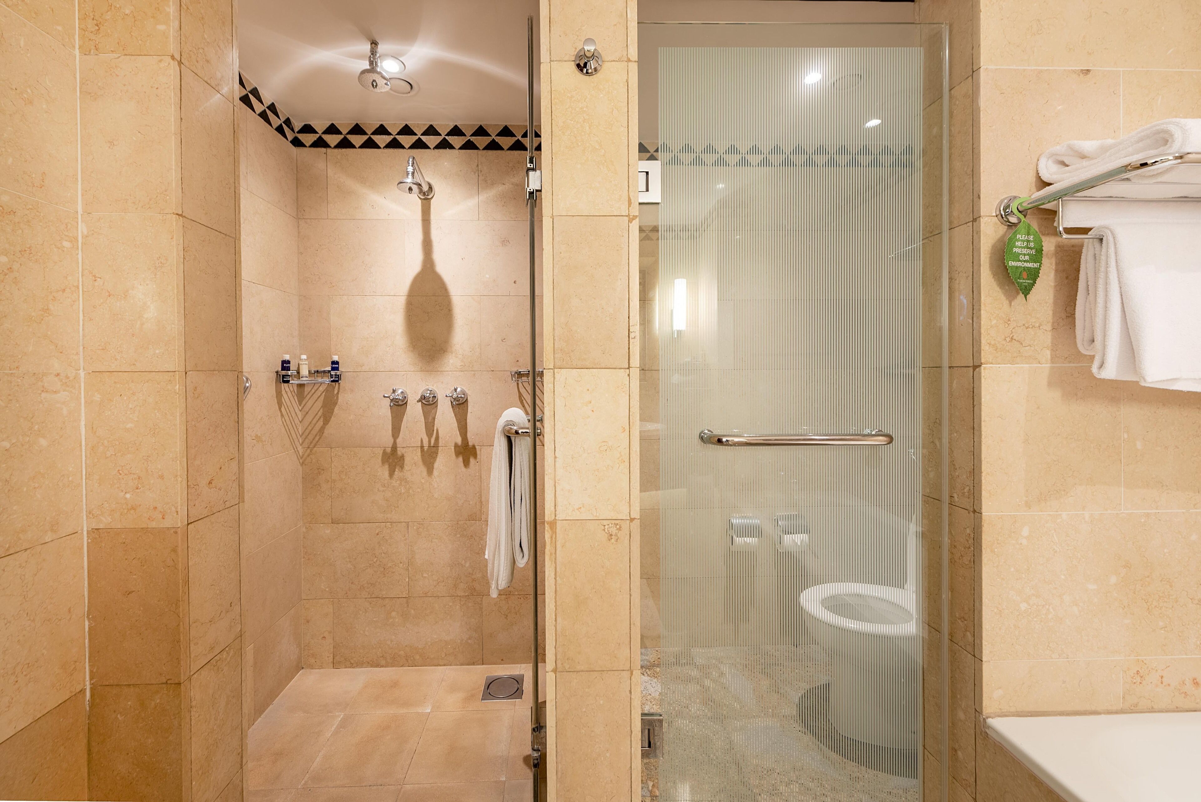 Ein modernes Badezimmer mit einer Glaskabinentasse, einer sichtbaren Toilette und einem Handtuchhalter.