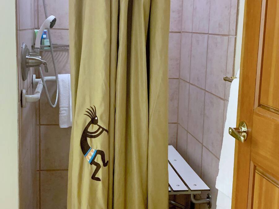 Une salle de bain avec un rideau de douche orné de motifs tribaux, une douchette à main et un porte-serviettes.