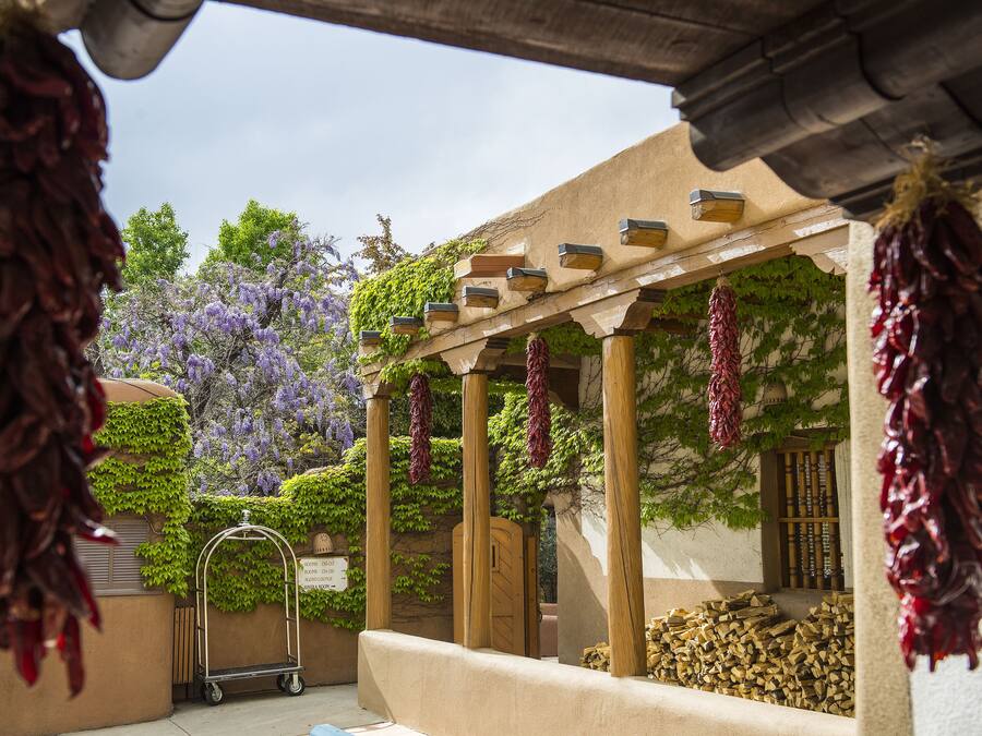 A courtyard with a pergola, hanging dried chilies, and a stack of firewood.