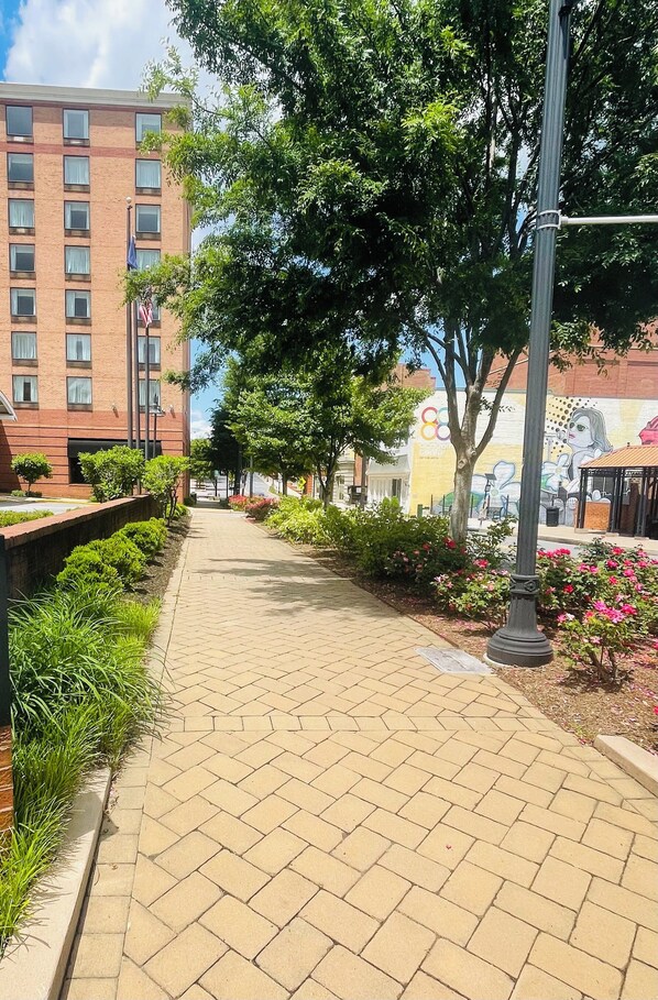 Un camino pavimentado bordeado de vegetación y un mural, que conduce a un edificio con múltiples ventanas y una bandera.