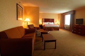 Una habitación de hotel con cama, sofá, escritorio, televisión y dos lámparas.