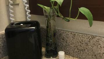 Un ripiano del bagno con un asciugacapelli, un vaso con una pianta e articoli da toilette, tra cui una lozione e una saponetta.