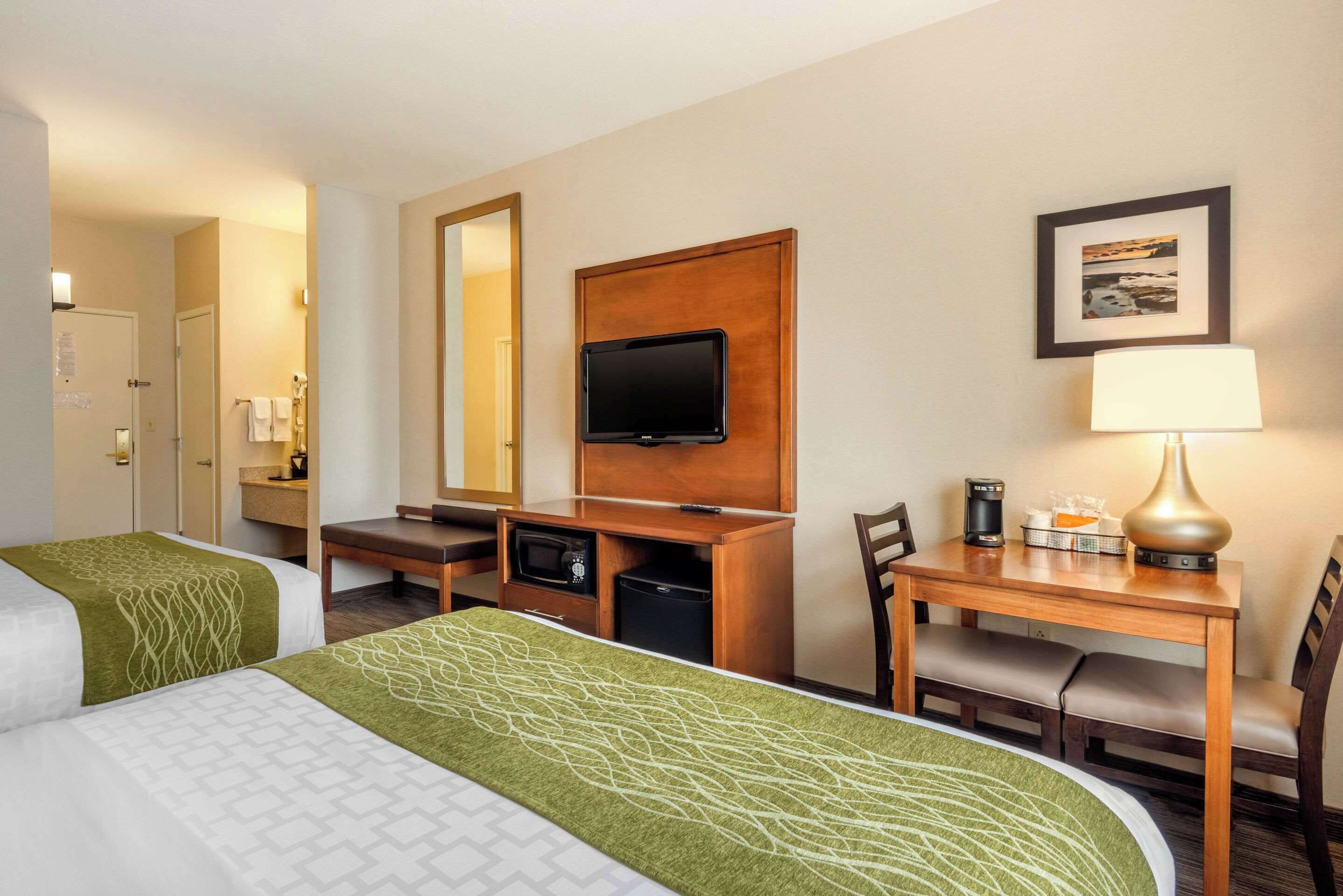 A hotel room with two beds, a desk, a chair, a television, a lamp, and a framed picture on the wall.