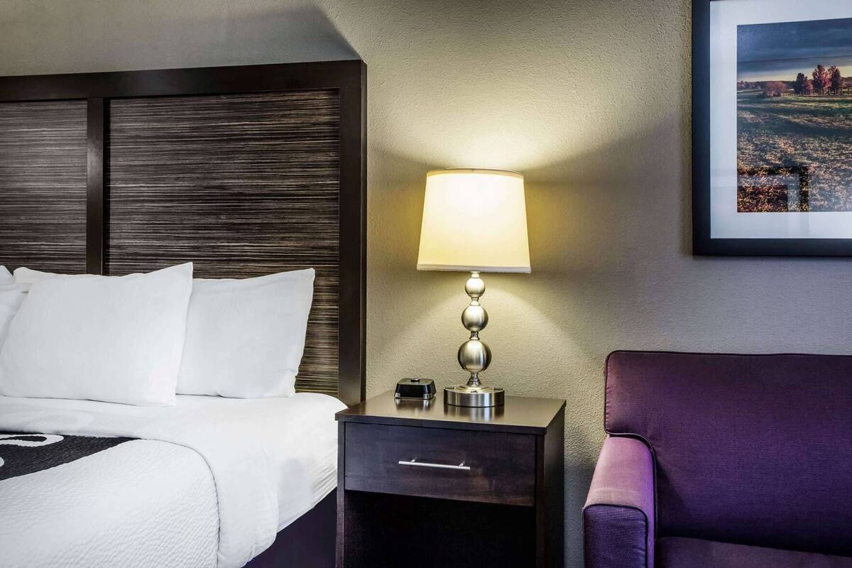 A hotel room with a bed, a nightstand with a lamp, a chair, and a framed picture on the wall.