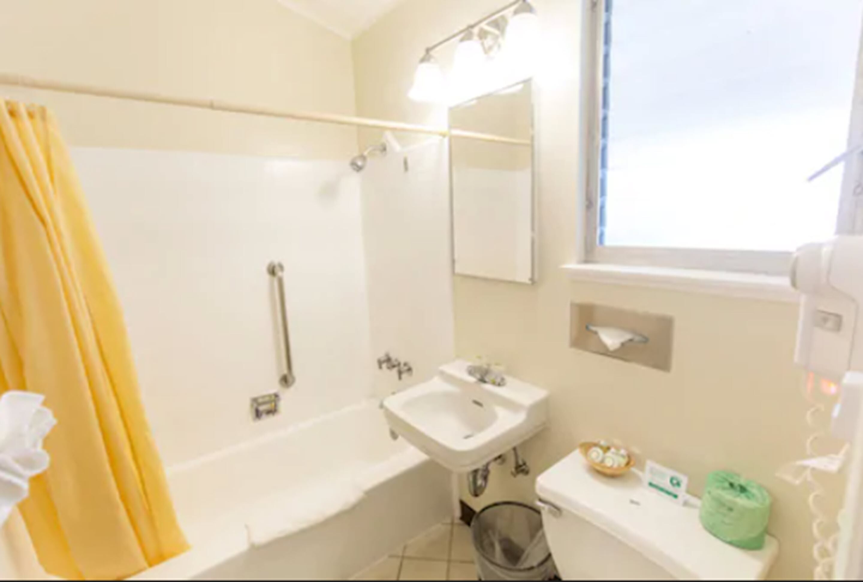 combined shower/bathtub, free toiletries, hair dryer, towels