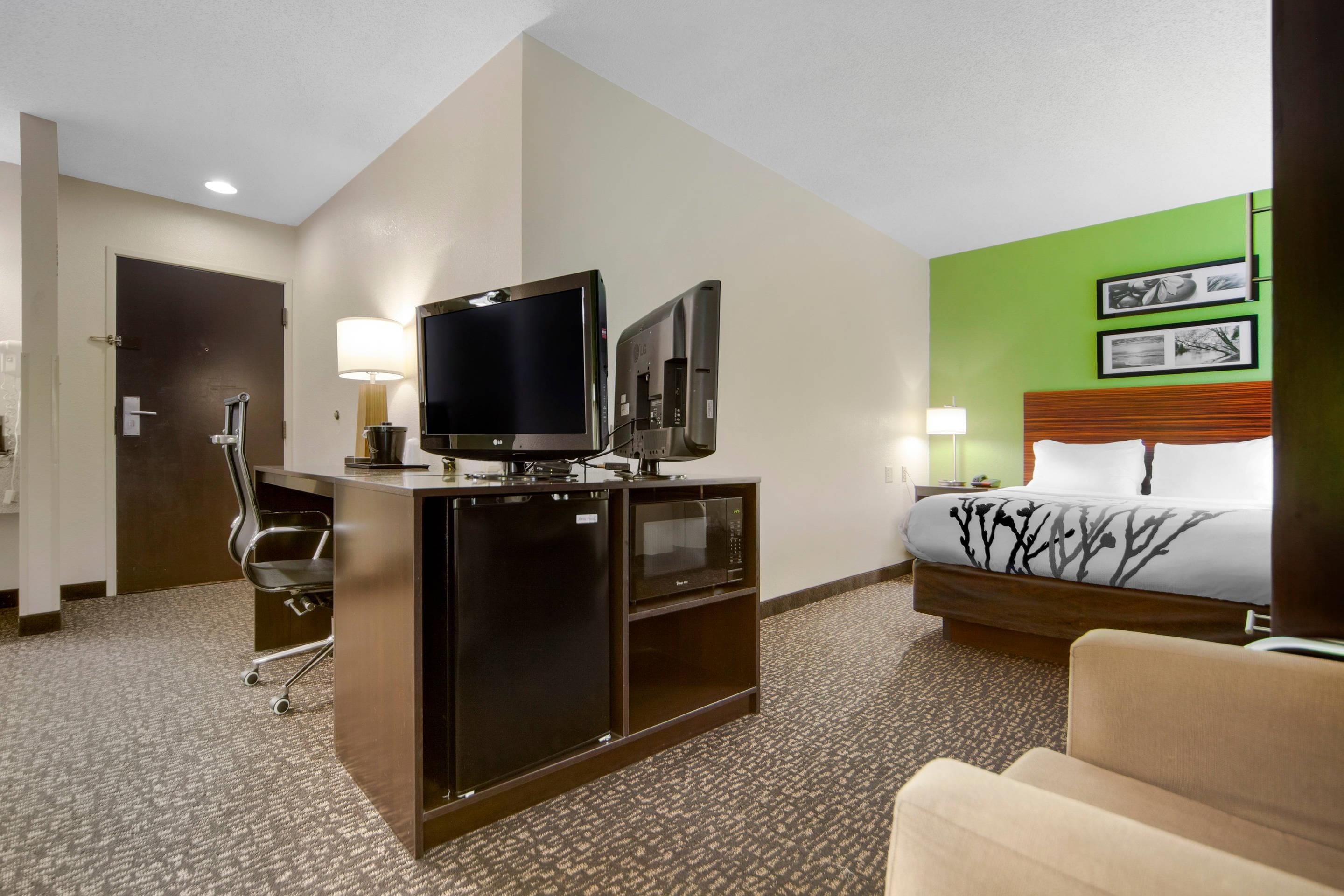 A hotel room with a bed, a desk with a television, a chair, and a microwave.