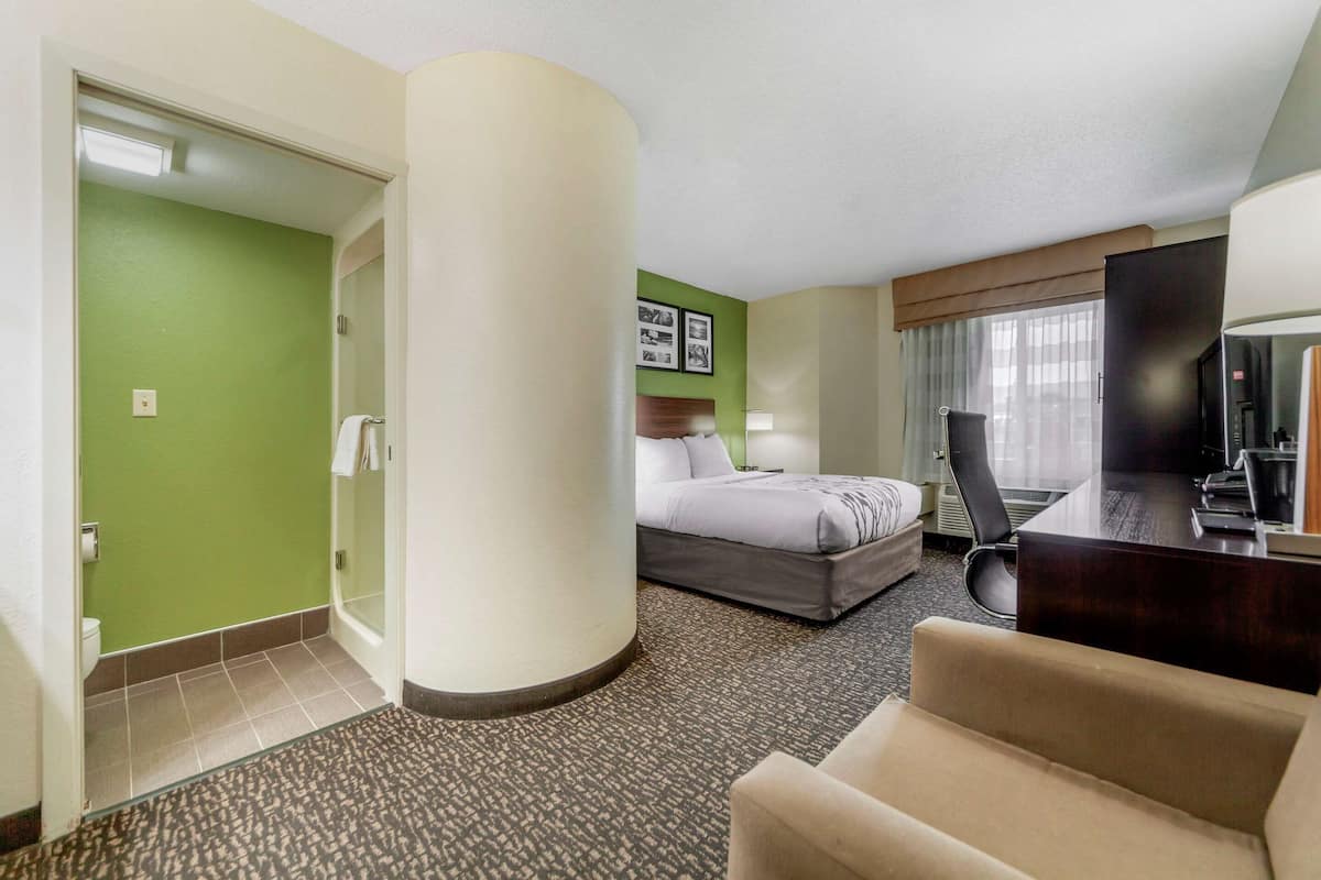 A hotel room with a bed, a desk, a chair, a TV, and a bathroom with a green wall and a toilet.