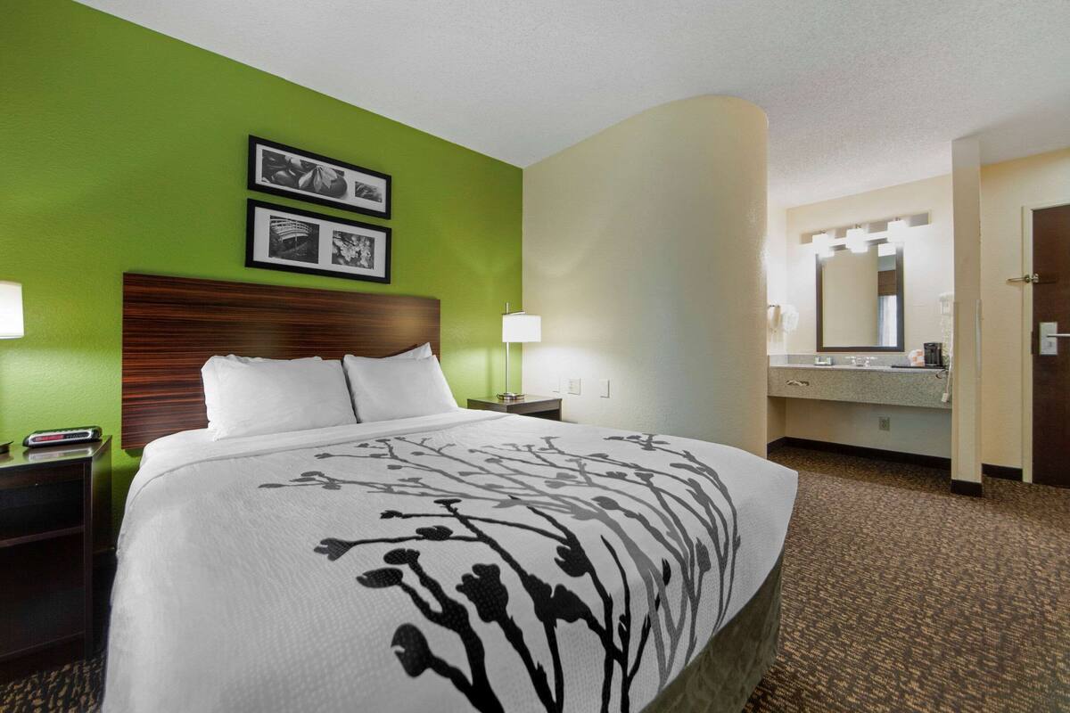 A hotel room with a large bed, a nightstand, a lamp, a mirror, and a green wall.