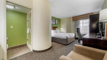 A hotel room with a bed, a desk, a chair, a television, and a bathroom with a toilet and shower.